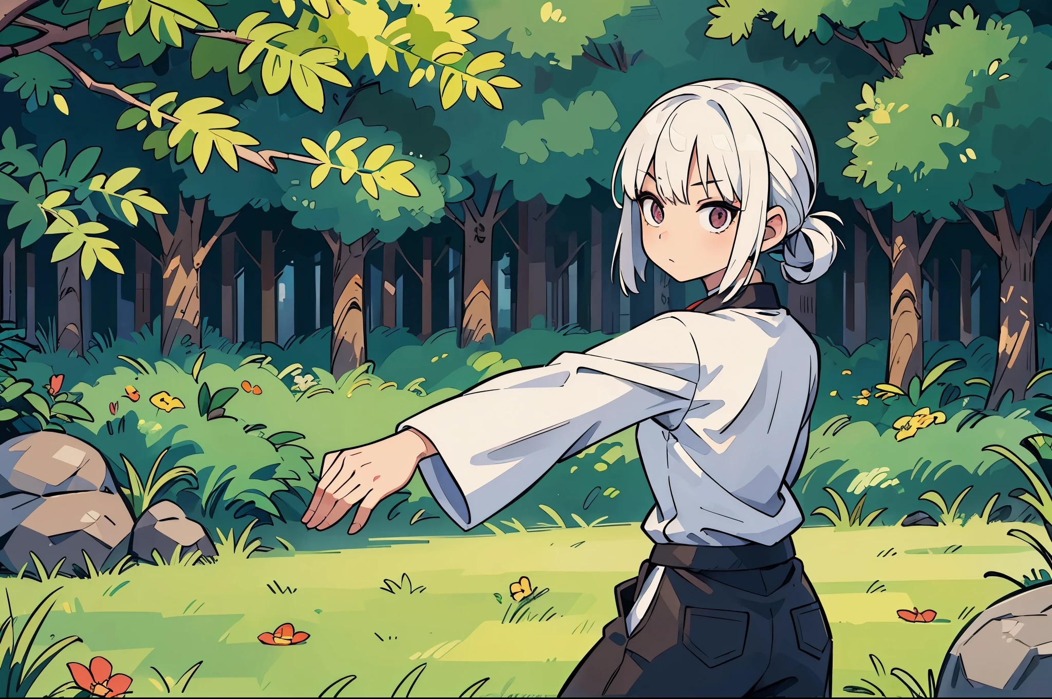 Girl, practicing (kung fu), with striking (white hair), reminiscent of Spirited Away, attributed to Atsushi Nakayama, assuming a confident (pose), in an (outdoor) setting, basking in (natural light), captured in a striking (frontal composition).