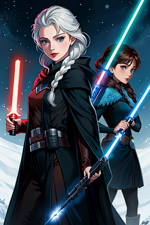 Disney princess from Frozen dressed in a black Sith robe and holding a red Star Wars-style lightsaber in her hands, with the clone army in the background