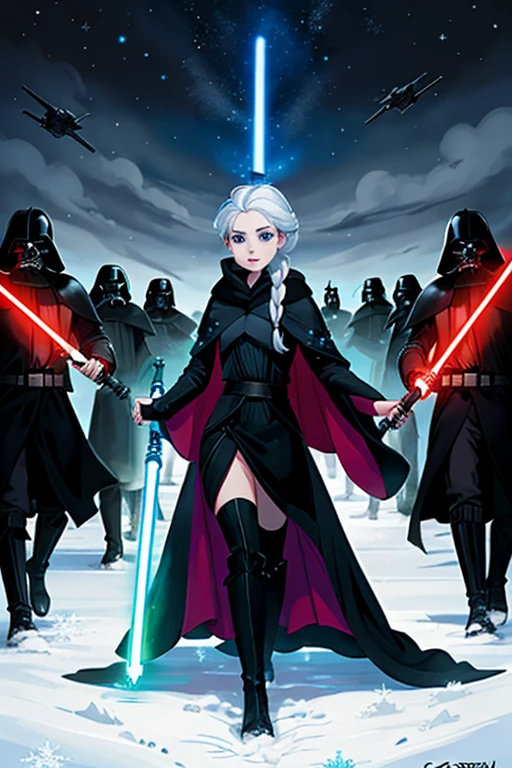 Disney princess from Frozen dressed in a black Sith robe and holding a red Star Wars-style lightsaber in her hands, with the clone army in the background