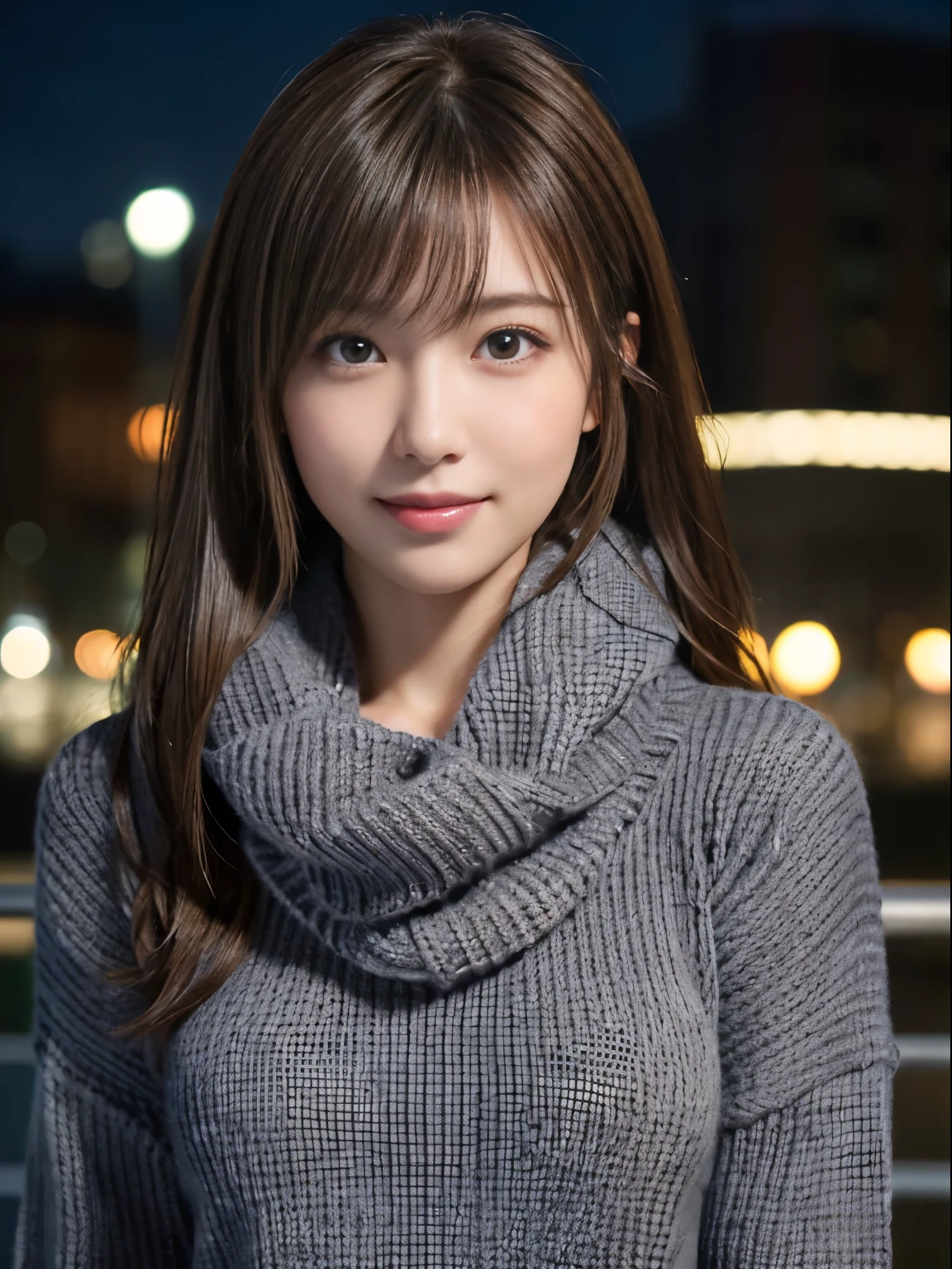 1 Japanese girl,(dark gray sweater:1.4),(she wears a knitted scarf around her neck.:1.2), (RAW photo, highest quality), (realistic, Photoreal:1.4), table top, very delicate and beautiful, very detailed, 8k wallpaper, wonderful, finely, very detailedCGユニティ, High resolution, soft light, Beautiful detailed 19 year old girl, very detailed目と顔, beautifully detailed nose, beautiful and fine eyes,cinematic lighting,city light at night,perfect anatomy,slender body,smile  (hair is dirty, asymmetrical bangs, light brown hair,)