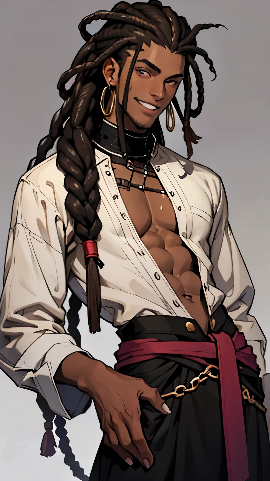 A young adult male who is tall. He's a toned black-skinned man with long, dark brown dreadlocks, purple irises and handsome features. He has vitiligo spreading over his entire body in small patches and long, slim fingers ending in long, pointy nails. He has thin lips and a small knowing smile.