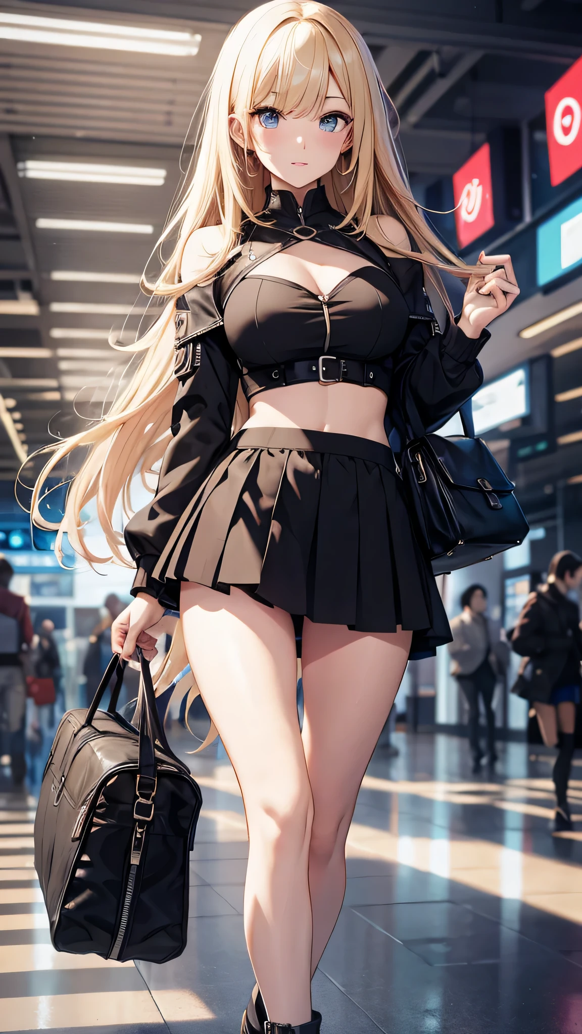 最high quality、best image quality、masterpiece、age girl((20-year-old、 By becoming、vest bust、medium bust,wide open breast tea、black eye, blonde hair、long hair、thin,highest valley、black suit、walk、black short skirt,chest、Eyeshadow Makeup、I have a carry bag、Rear view、turn around、)),high quality、beautiful art、background((airport、sedan))、debris flies、Depth of written boundary、movie、visual art、perfect art、8K,genuine