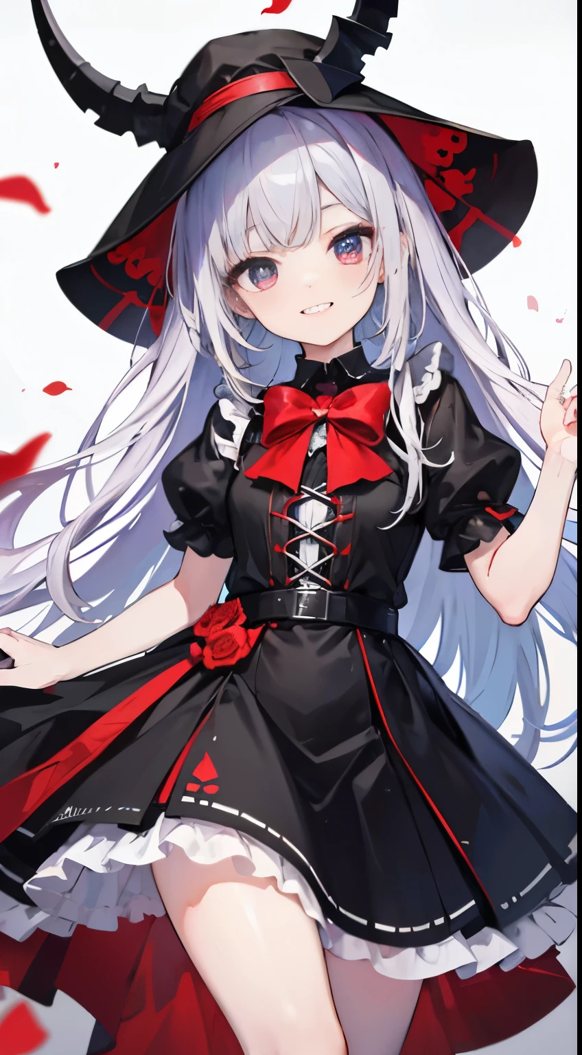 ((masterpiece))、 (((High level image quality)))、 ((((4K)))) Spooky laughing face, 1 girl、 There's blood on my cheeks、 bright red and clear eyes、 silver hair、 Scary smile、 Riding on top of people、 Wearing revealing black clothes、 grin
