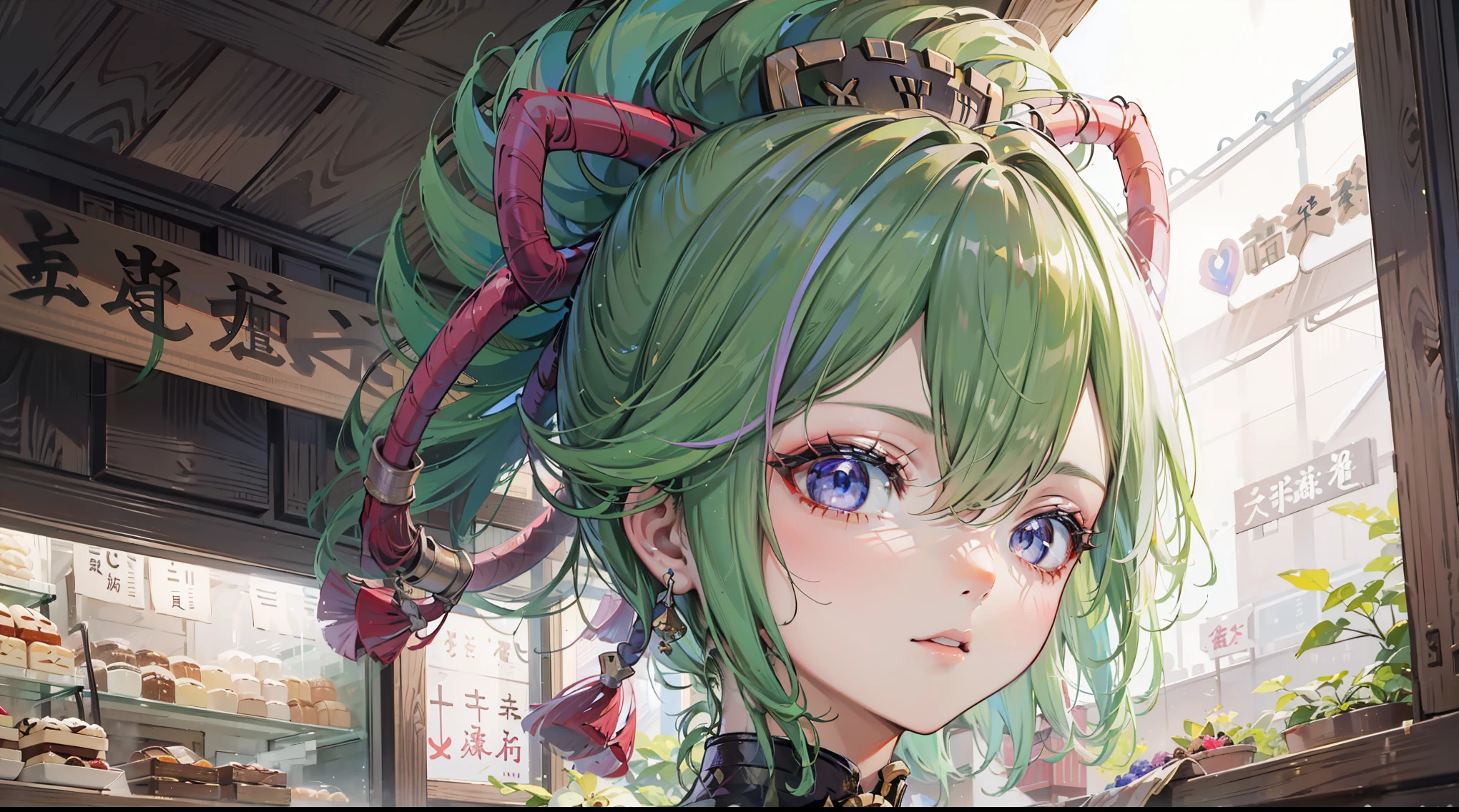 Kuki Shinobu|Genshin Impact, (best quality,8ก,Masterpiece), Girl with black hair and blue eyes, Wear a bakery uniform, Work in a traditional Japanese bakery to prepare traditional desserts., sparkling eyes, happiness.