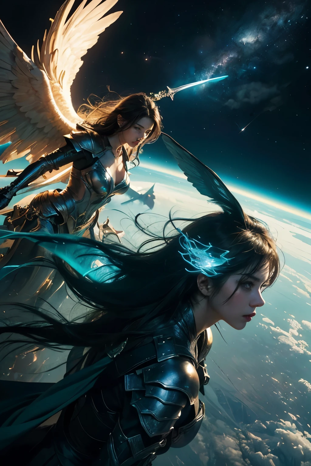 (best quality), ((ultra realistic)), ((detailed face)), (masterpiece), (perfect angel dagger), ((high-angle)), angel of doom flying over the blue-green earth, very big majestic wings, angel holding glowing a magical warrior dagger, harsh descent towards the planet from outer space, glow with power, gleaming armor glinting in the starlight, planet swirling with blues and greens under a hazy atmosphere, powerful, perspective , epic dark fantasy artwork, dynamic motion, 32k UHD, hyper-realistic, glowing, precisionist lines, cinematic, ultra details