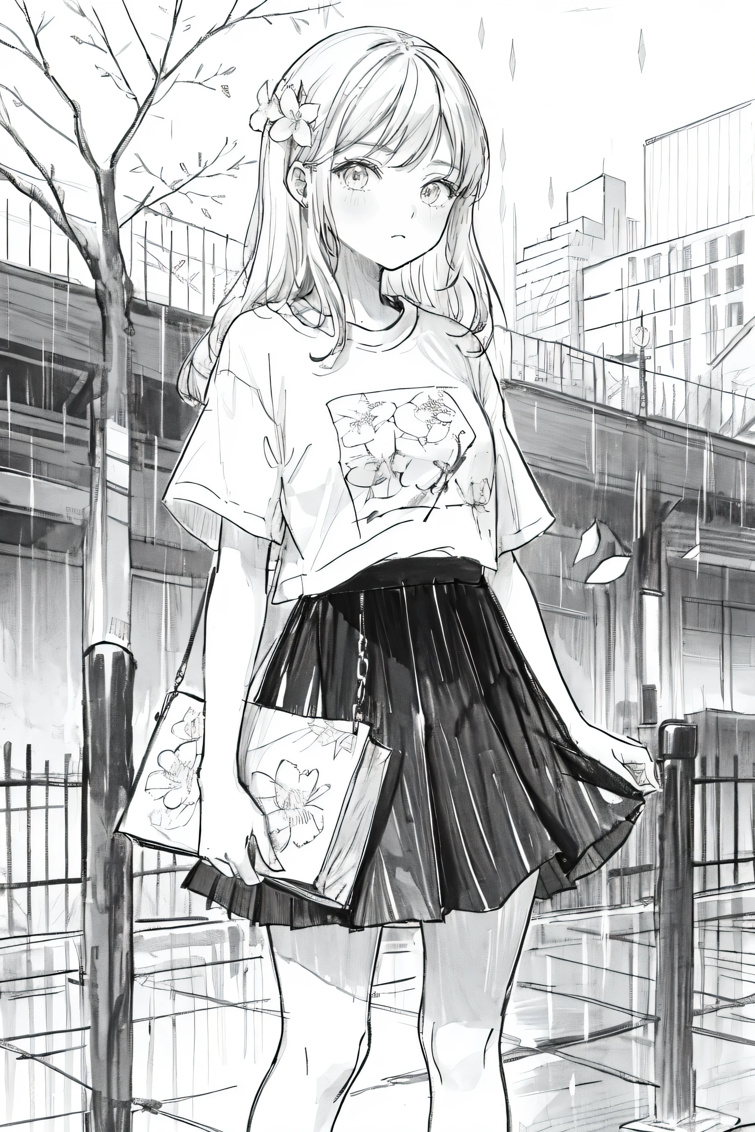 1girl in,line-drawing,monochromes,sketch,Pencil drawing,Traditional Media,1girl in, Black skirt, branch, building, chain-link fence, cherryblossom, fence, Long hair, Outdoors, flower petals, Pleated skirt, Rain, tshirts, Short sleeves, Skirt, Solo, tree,Yakuzen print on T-shirt
Sky,Street