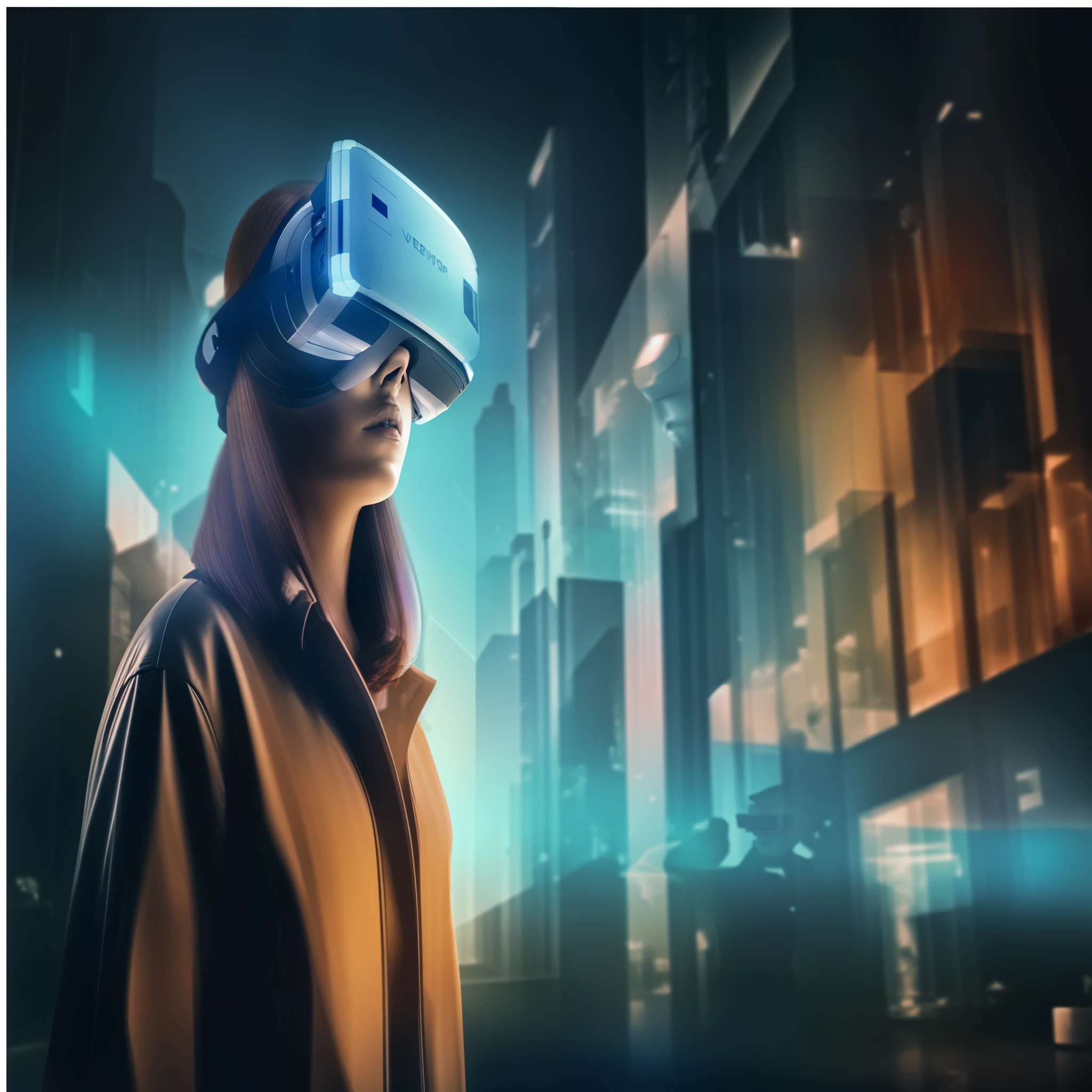 a woman wearing a virtual reality headset in a city, deeper into the metaverse we go, augmented vision, virtual reality, futuristic vr headset, the encrypted metaverse, the image is futuristic, wearing a vr headset, wearing a vr-headset, wearing vr goggles, digital reality, vr goggles, vr game, using a vr headset, virtual reality headset, wearing vr, background color should be purplish