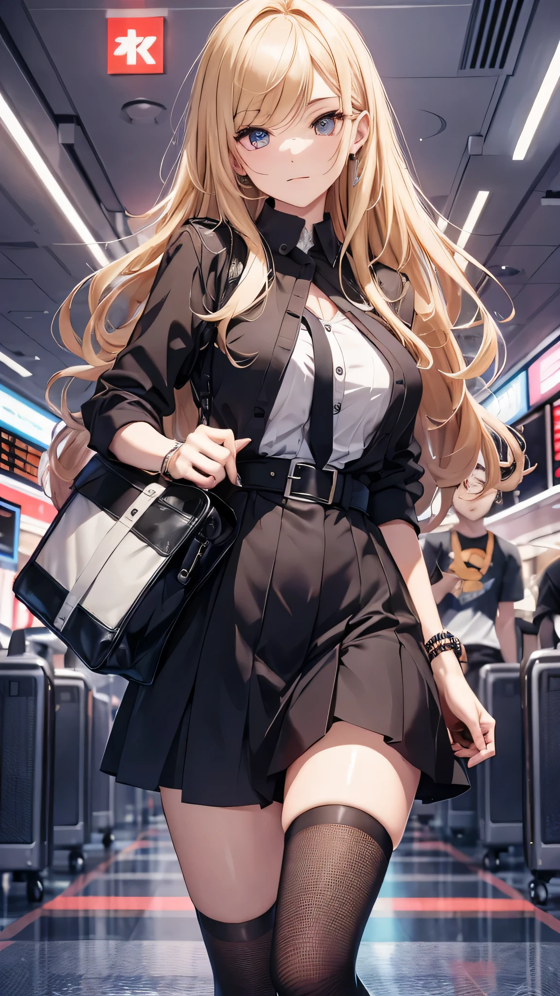 最high quality、best image quality、masterpiece、teenage girl((20-year-old、 By becoming、vest bust、medium bust,wide open breast tea、black eye, blonde hair、long hair、thin,highest valley、black suit、walk、black short skirt,chest、Eyeshadow Makeup、I have a carry bag、Rear view、turn around、)),high quality、beautiful art、background((airport))、depth((sedan)),]debris flies、書かれた境界のdepth、movie、visual art、perfect art、8K,genuine