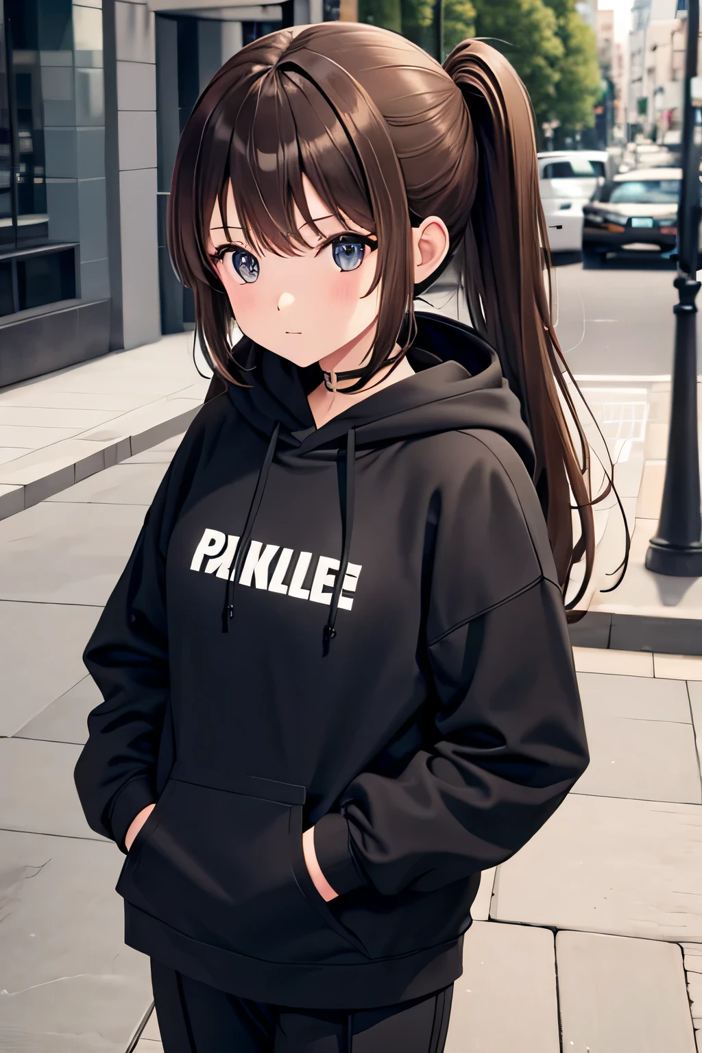 brown haired girl with brown hair pulled into a pony tail. wearing a black hoodie and sleek black pants.