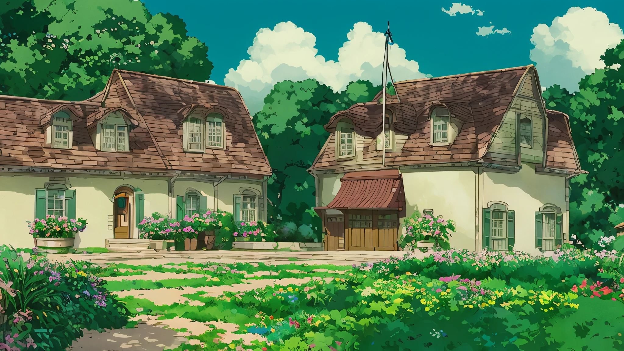 painting of a house with a green roof and garden, studio ghibli smooth concept art, Studio Ghibli concept art, studio ghibli environment, ghibli studio style, style of studio ghibli, ghibli studio art, by Miyazaki, Cinematic Studio Ghibli Still, From Studio Ghibli movies, Hayao Miyazaki&#39;s style, ghibli studio, studio ghibli scheme