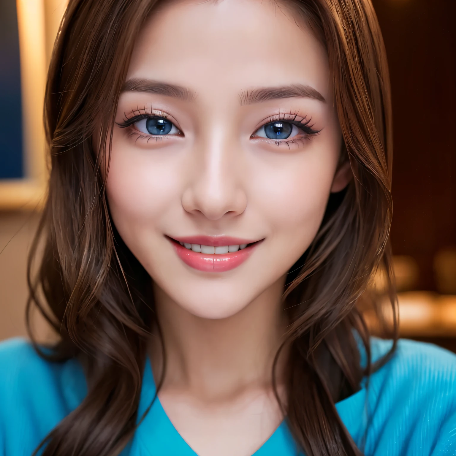 (highest quality、table top、8K、best image quality、Award-winning work)、(1 very young girl, 8 :1.3)、(Perfect V-neck long knit sweater in bright saturated blue.:1.2)、(vibrant, Highly saturated blue long knit:1.2)、(eye shadow:1.2)、perfect makeup、long eyelashes、Super high-definition sparkling eyes、ultra high definition hair、ultra high resolution glossy lips、Super high resolution perfect teeth、Super high resolution cute face、brown hair、(elegant wavy hair:1.1)、look at me and smile、[clavicle]、(accurate anatomy:1.1)、(close up of face:1.5)、Luxury love hotel、(The most moody warm lighting:1.2)、blurred background、cleavage