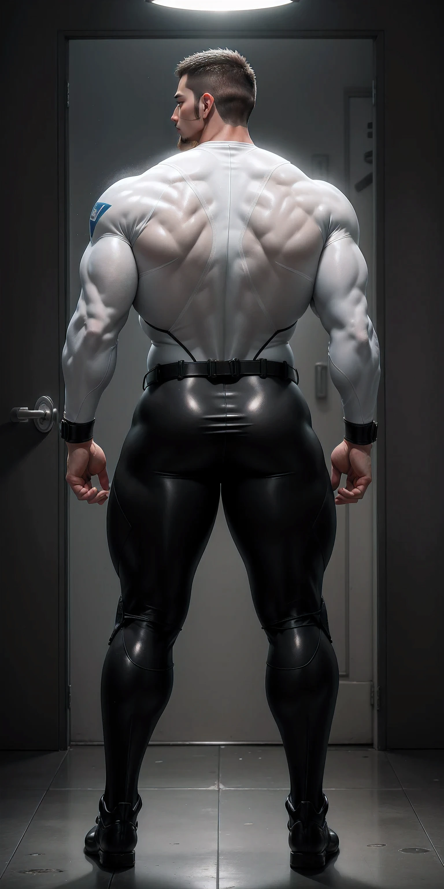 muscular body,heavy weight male,1bara,show face,no facial hairs,clean shave,full body shot,front shot of heavyweights bodybuilder standing,bodybuilder in full body grey latex suit,in fullbody latex suit,have grey latex as skin,rubbery sking,rubbery,textures,standing,spotlights source in front,no shadow,big pack,abs,big muscle,smiling,flexing,no background