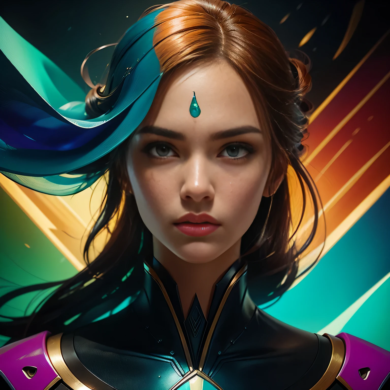 Crie um retrato retrofuturista de uma mulher com uma paleta de cores intensa e ousada. Enfatize uma mulher'features her facial features while surrounding her with dynamic shapes and colors that exude a sense of futuristic energy. Infundir a pintura com elementos abstratos que envolvem o espectador'emotions and imagination. , Miki Asai Fotografia Macro, fechar-se, hiper detalhado, trends in Artstation, sharp focus, studio photo, detalhes intrincados, altamente detalhados, Tenente Greg Rutkowski