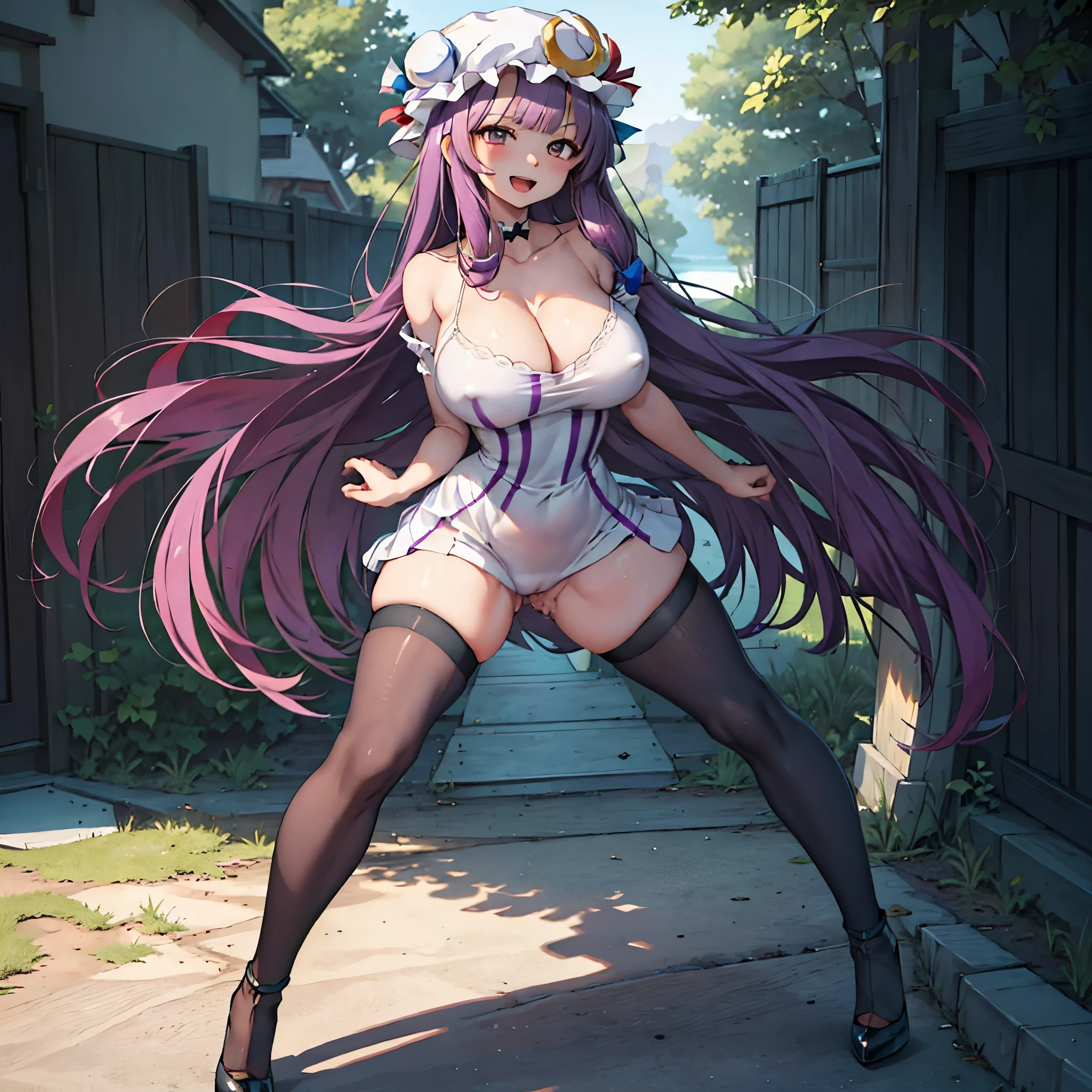 (Patchouli toho character), (standing at lakeside forest), outside, (standing with open legs wide:1.6), (arms behind back), (bending back), tiptoe, pigeon toed, BREAK, (disproportionately gigantic huge breasts:1.2), cleavage, inconceivably thin waist, very short torso, (thin long legs apart:1.23, BREAK, very short miniskirt, thigh gap, (black thighhighs:1.2), highheels, BREAK, smile for viewer, open mouth, nose blush, full body, (pussy juice)