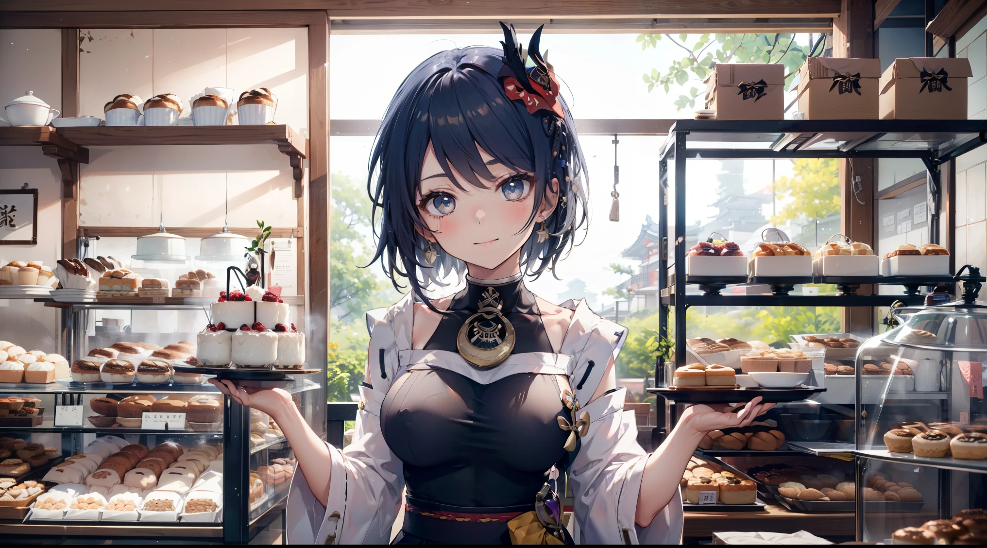 Kujou Sara|Genshin Impact, (best quality,8ก,Masterpiece), Girl with black hair and blue eyes, Wear a bakery uniform, Work in a traditional Japanese bakery to prepare traditional desserts., sparkling eyes, happiness.