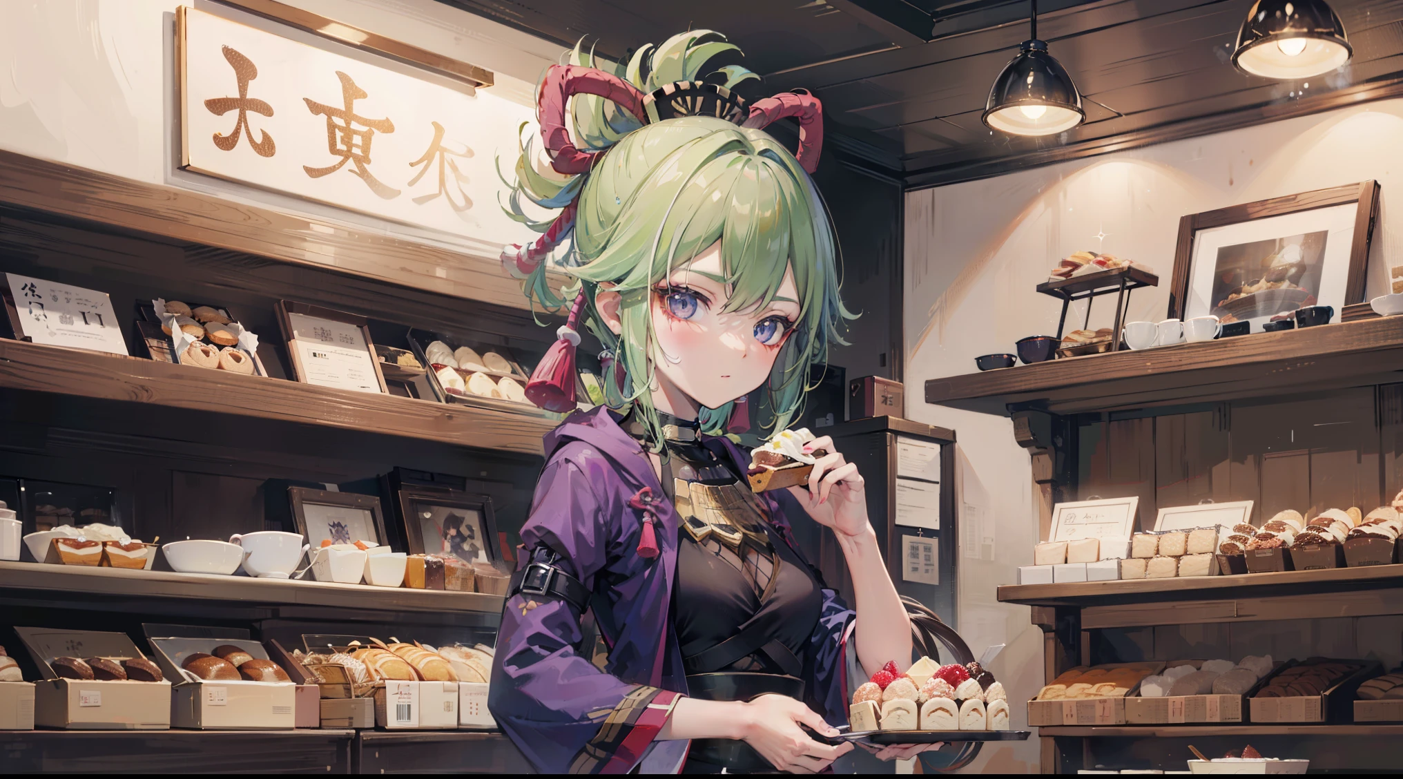 Kuki Shinobu|Genshin Impact, (best quality,8ก,Masterpiece), Girl with black hair and blue eyes, Wear a bakery uniform, Work in a traditional Japanese bakery to prepare traditional desserts., sparkling eyes, happiness.