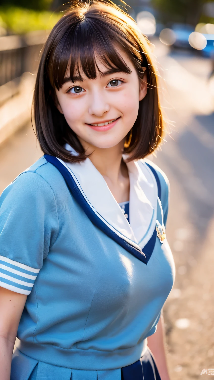 8k, ultra high res, best quality, masterpiece, ultra realistic, photograph, 1 girl, (18 years old:1.5), japanese, cute girl, cute face, beautiful detailed eyes,(school uniform:1.4), smiling, large breasts, blunt bangs, (evening:1.3), shirtlift, BREAK