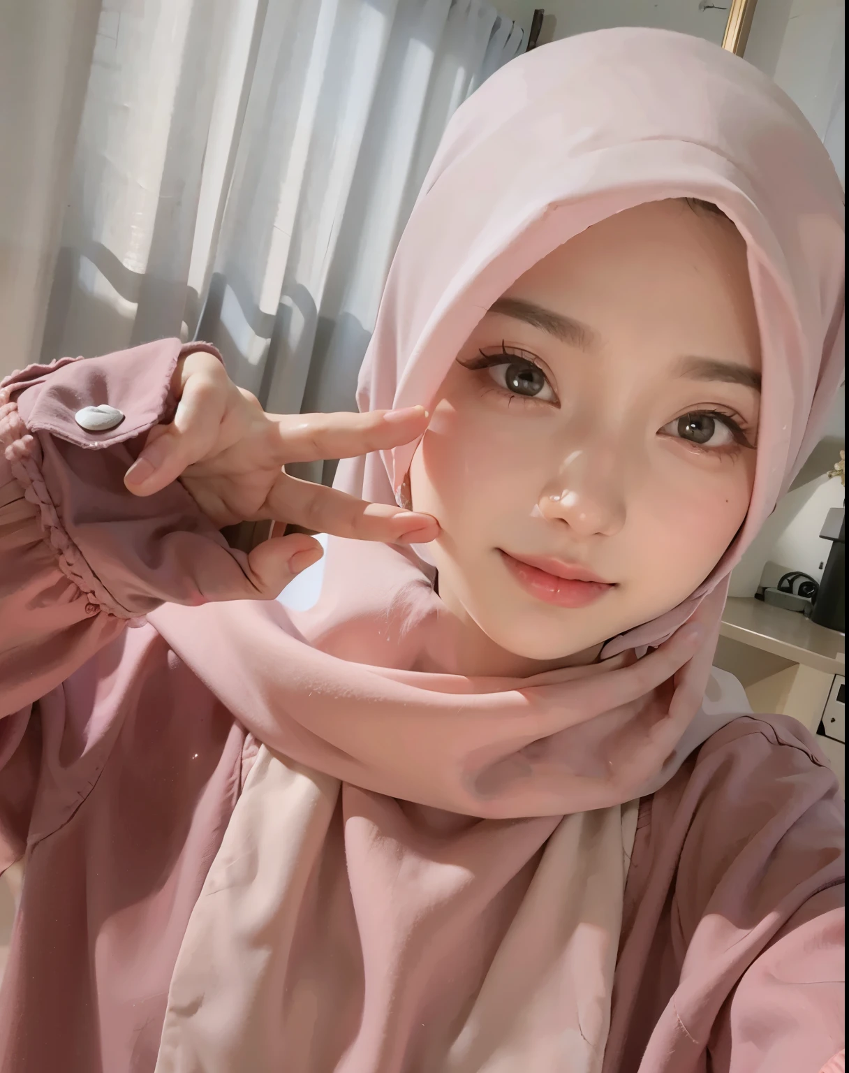1 lady, 20 years old, best body, wearing pink hijab, hijab covers whole hair, wearing brown sweater, off shoulder, warm lighting , sitting in car, seat belt, night time, casual wear, close shot, shot from high angle, wearing big necklace, shiny skin, big breast (huge breast 1.6), selfie style