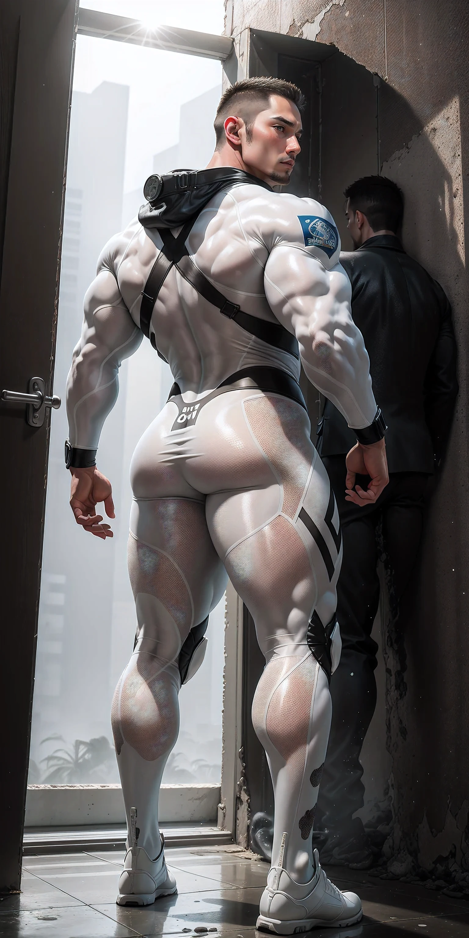 特别High背影, huge, and muscular police officer.，Off-white khaki camouflage wetsuit，he faces the wall，Hold the wall with both hands，Straighten your hips，character idea（Resident Evil - chris redfield，chris redfield）senior police officer，身穿Off-white khaki camouflage wetsuit，matte texture，regular symmetrical texture pattern，Standing in the dark sugar cane jungle, The body is wrapped in thick rattan，heroic male pose，高大burly，muscular！Charming leg muscles，High, burly, Heqiang， 身穿Off-white khaki camouflage wetsuit， Super gain and cool， high resolution committee， Big feet in milky boots，Charming strong man，The bright sunshine is shining on you，matte particles，shiny texture