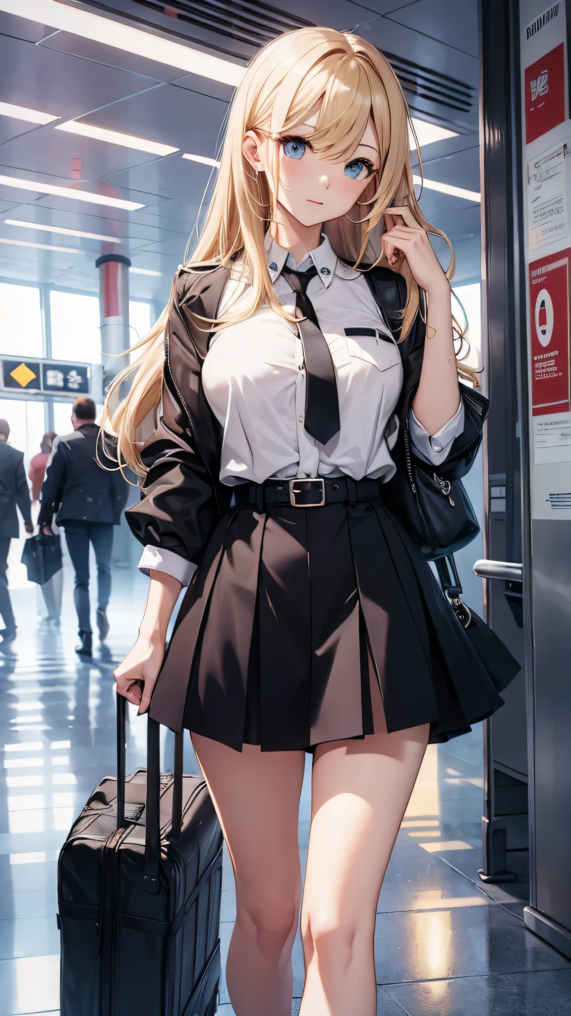 最high quality、best image quality、masterpiece、teenage girl((20-year-old、 By becoming、vest bust、medium bust,wide open breast tea、black eye, blonde hair、long hair、thin,highest valley、black suit、walk、black short skirt,chest、Eyeshadow Makeup、I have a carry bag、Rear view、turn around、)),high quality、beautiful art、background((airport))、depth((sedan)),]debris flies、書かれた境界のdepth、movie、visual art、perfect art、8K,genuine