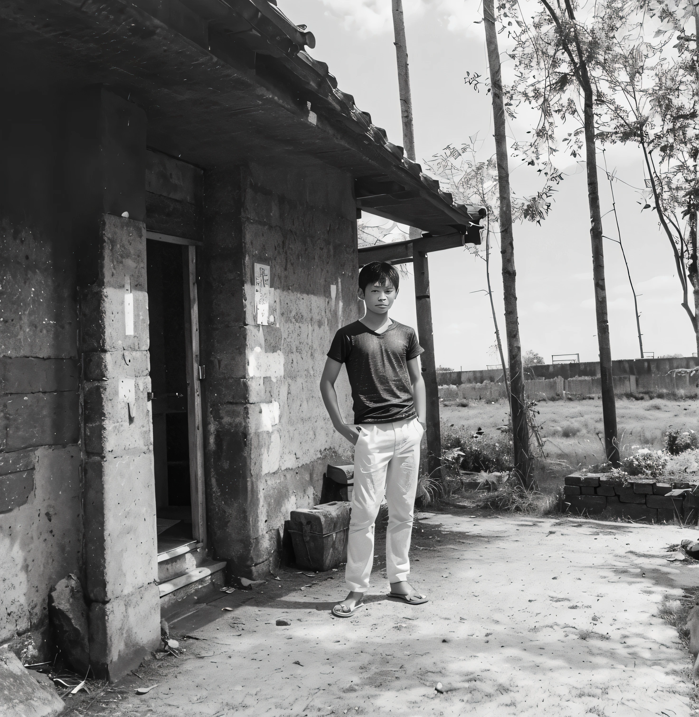 HD黑白逼真照片,a chinese boy,Standing in front of the old house,Facial emaciation,good facial features,Symmetrical facial features,Symmetrical ears、clear,五官超clear真实感,Wear short sleeves,衣服的纹理clear,white pants,sandals,There are trees in the back,There is grass,超clear纹理,Camera shooting effect,Light and shadow are natural,超clear真实感,The eyes and face are very detailed,Super detailed, HD, (photorealistic: 1.2) (Vague: 1.2) (Delicate skin: 1.3) (light: 1.3) (sharp focus), shiny skin, digital SLR, 柔和的light, high quality, Texture, film grain, close up, ultra high resolution