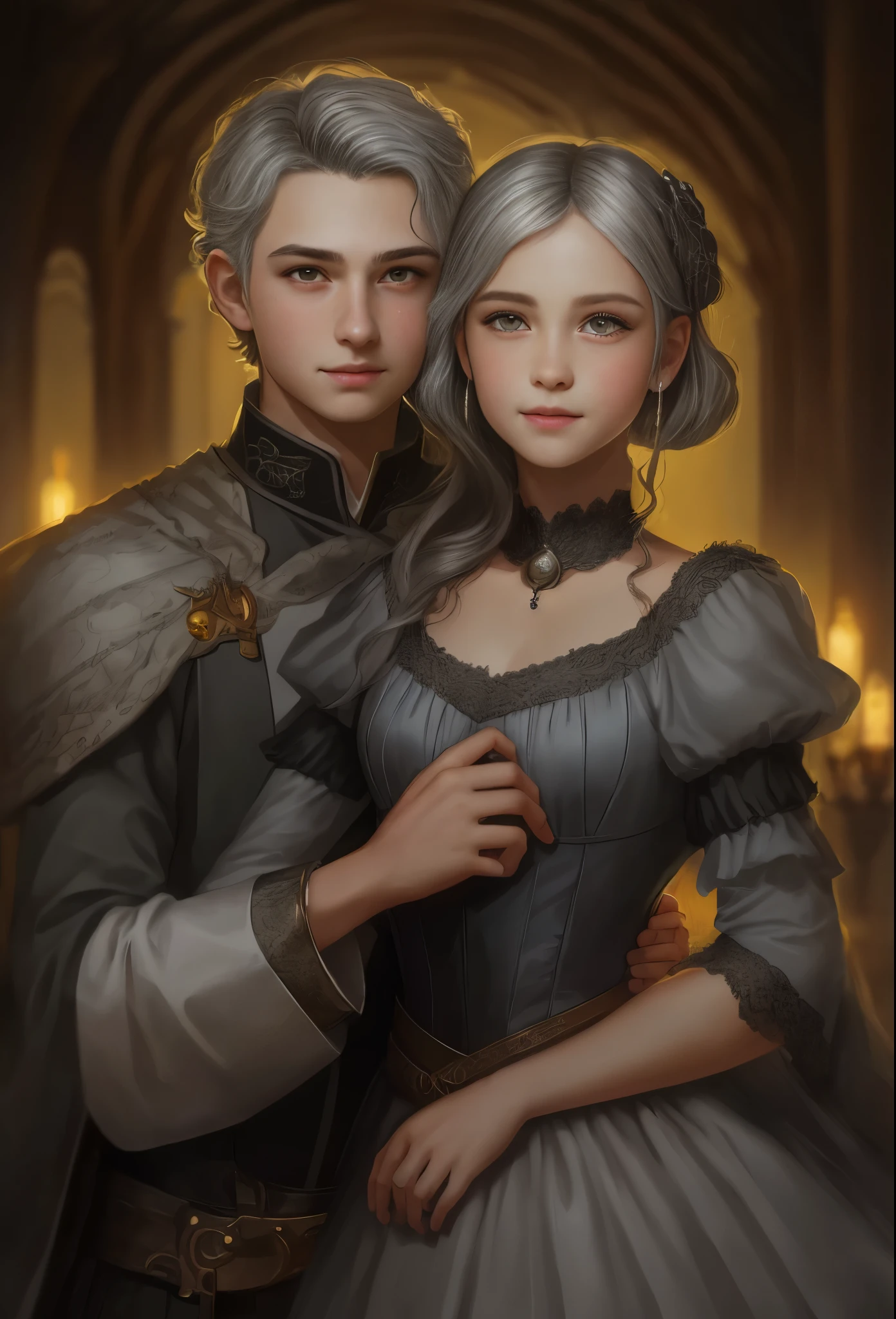 High resolution, portrait, boy and girl with dark hair, 8 years old, light gray hair, short haircut, yellow eyes, smile, crown, portrait, ballroom in the background, realism, fantasy