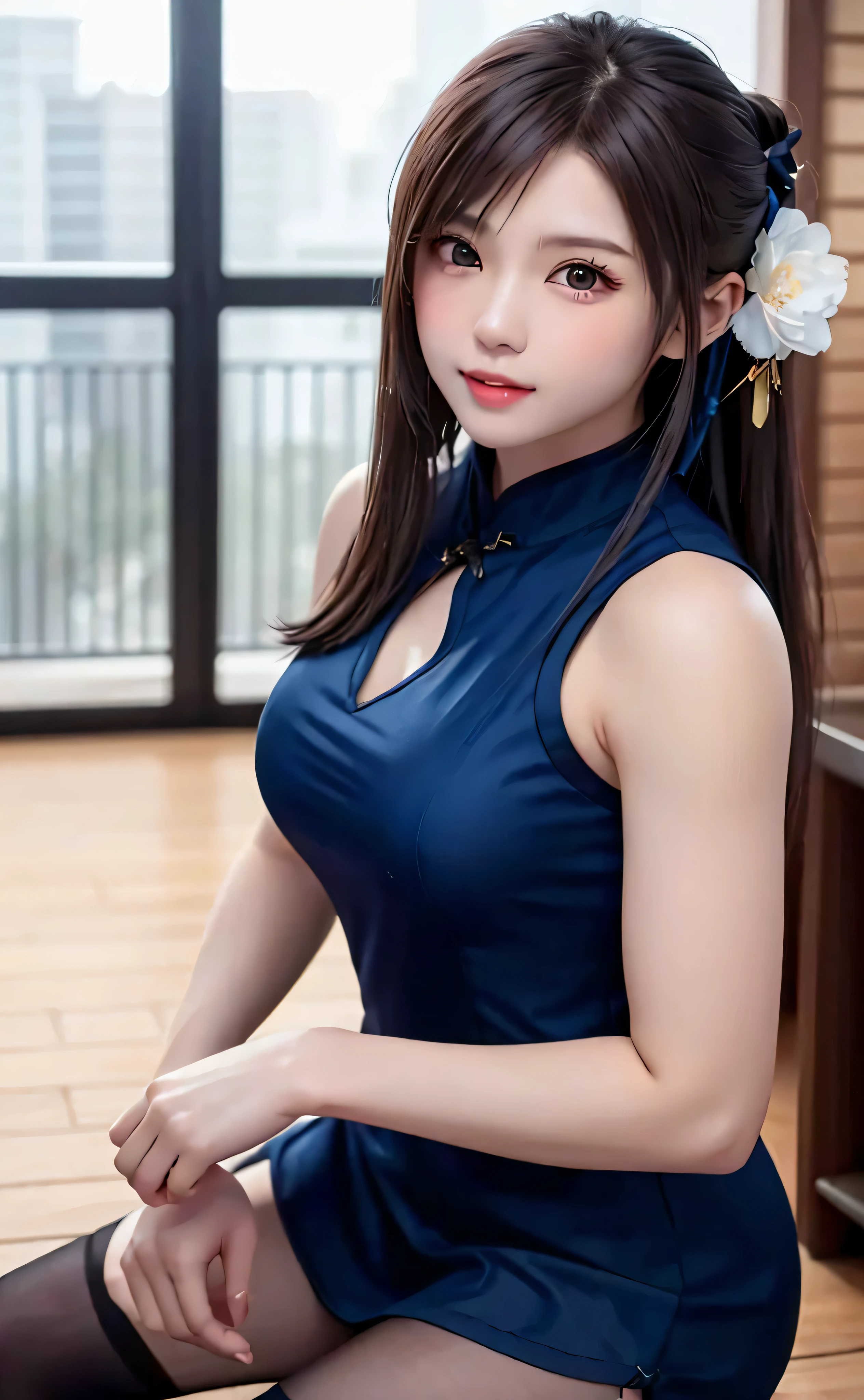 Asian woman in blue dress sitting on wooden floor, anime girl cosplay, gorgeous chinese model, in a blue qipao, japanese goddess, Wearing Blue Cheongsam, chinese girl, beautiful asian girl, trending on cgstation, attractive anime girl, anime cosplay, Real Anime Girls, seductive anime girl, beautiful and attractive anime woman