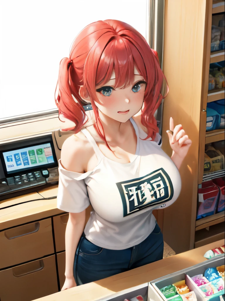 masterpiece, highest quality,1 girl、(big breasts、big breastsの谷間、下は履いていない、 オフショルダーシャツ、Slender body)、超ラージサイズのLong T-shirt 、My shoulders came out、convenience store、Standing in line at the cash register、embarrassed face、upward glance、Angle from above、box of condoms on the cash register、