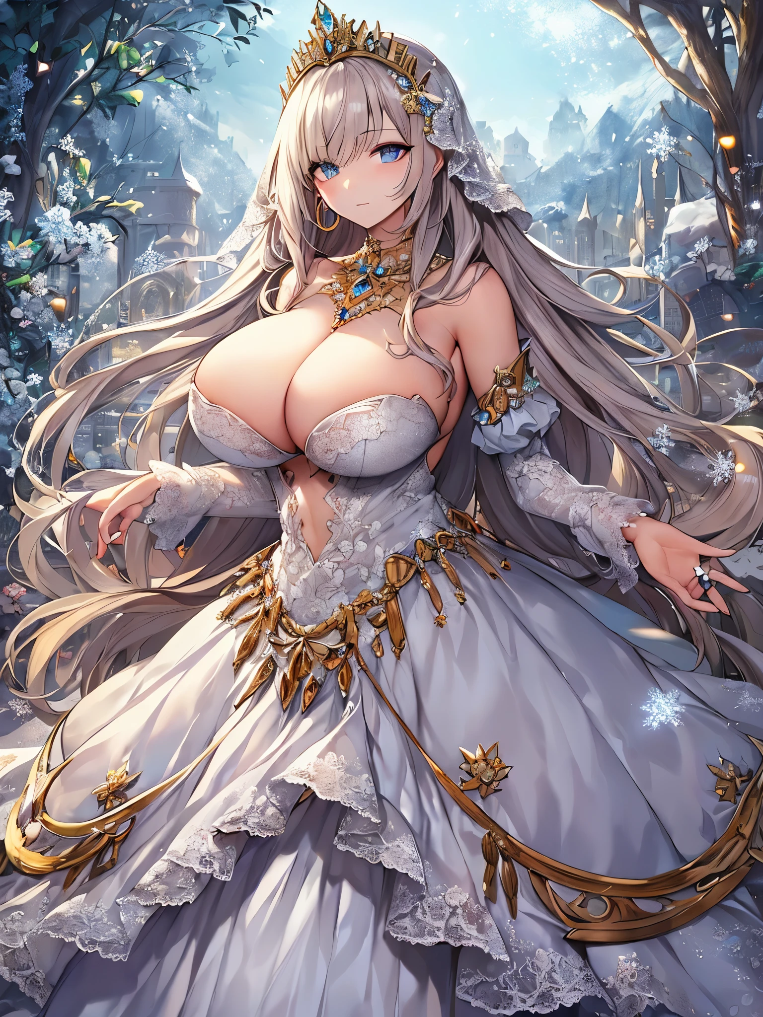 anime artstyle,Masterpiece,Best Quality,Super Detail,((Very Delicate and Beautiful)),(((1 princess in beautiful embroidery and jeweled gorgeous rococo ballgown with voluminous hoop skirt))),((Solo)),((winter garden with snow,sonw,sky)),((outdoor)),(((full body))),(very gigantic tits,cleavage:1.7),((gigantic tits,cleavage,sagging tits)),skindentation,(detailed face and eyes),jewel-like eyes,((extremely voluminous straight Hair,Extremely Long Straight Hair)),((gorgeousfull embroidery and lace,beautiful embroidery and jeweled)),Gorgeous Gemstone Jewelry,gorgeous corsage,((gorgeous hair ornament,glitter jeweled gorgeous big tiara)),((full body)),((beautiful embroidery and jeweled gorgeous rococo ballgown with voluminous hoop skirt)),(crinoline),((winter garden with snow,sonw,snowflake,outdoor,sky)),Looking at viewer,dynamic angle,(((beautiful embroidery and jeweled gorgeous rococo ballgown with voluminous hoop skirt))),(gorgeous rococo ballgown),(full body)