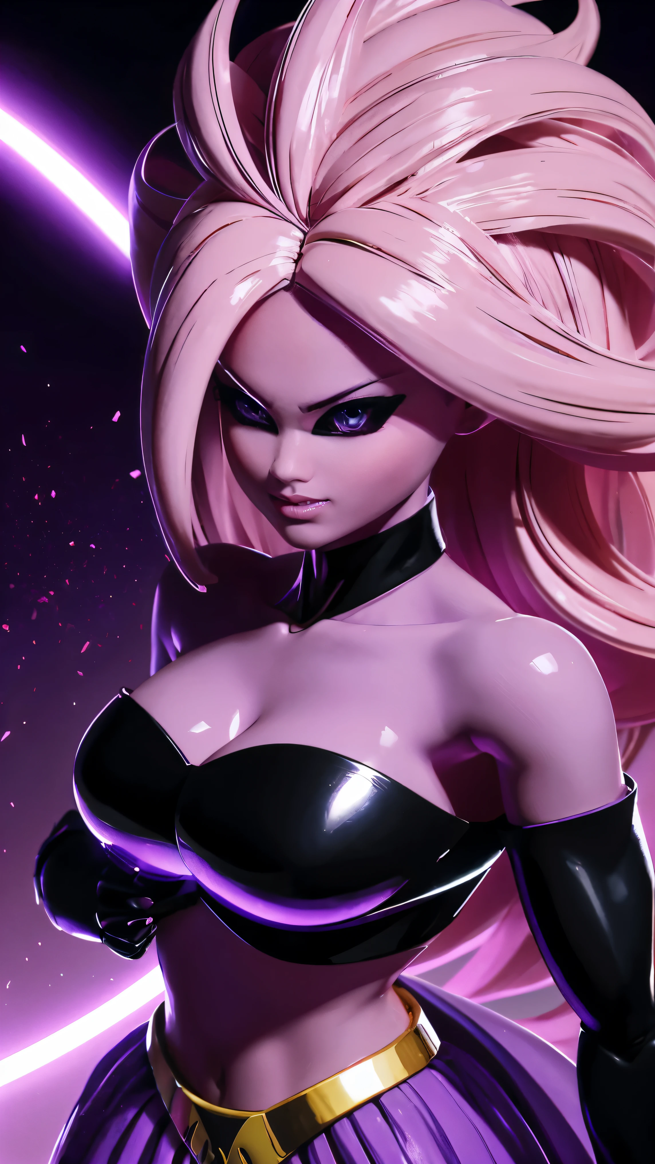 Uma barbie se transformando em um super saiyan majin escuro com cabelo roxo e olhos roxos brilhantes