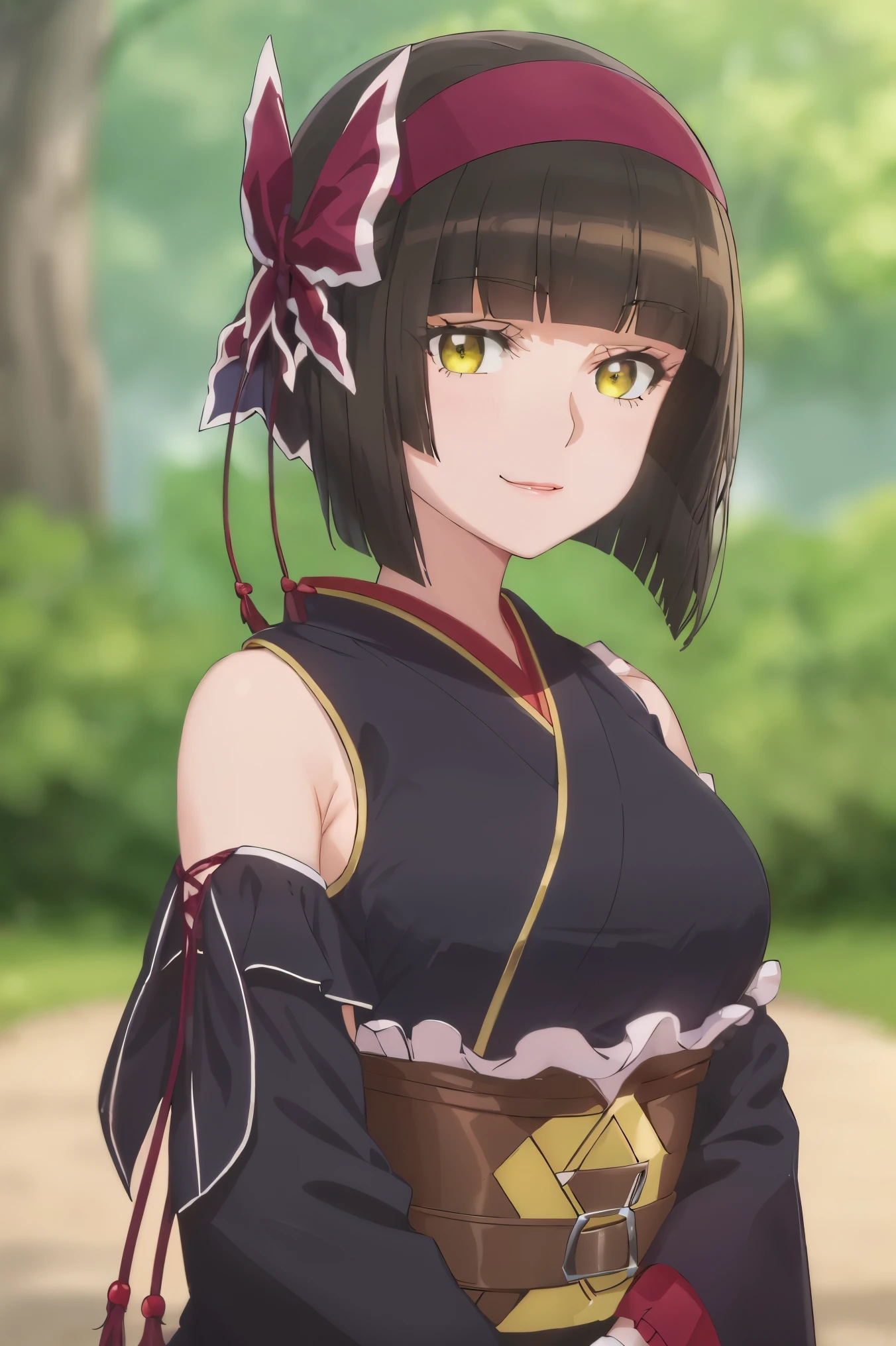 best quality, (masterpiece:1.2), detailed, blurry background,
reines el-melloi archisorte,
1girl, solo, (medium breasts), ((upper body)), light smile, mio, japanese clothes, hairband, kimono, black gloves, hair bow, spider web print, hair ornament, sash, obi, hair ribbon, makeup, bare shoulders,
standing, looking at the viewer,
In the park, standinf