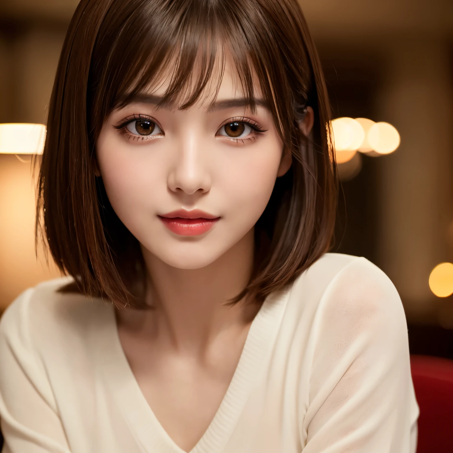 (highest quality、table top、8K、best image quality、Award-winning work)、(1 young girl, 14 years old:1.3)、(Perfect V-neck red long knit sweater:1.2)、(red eyeshadow:1.2)、perfect makeup、long eyelashes、Super high-definition sparkling eyes、ultra high definition hair、ultra high resolution glossy lips、Super high resolution perfect teeth、Super high resolution cute face、brown hair、(very short straight hair:1.1)、(With bangs:1.1)、look at me and smile、[clavicle]、accurate anatomy、(close up of face:1.5)、Luxury love hotel、(The most moody warm lighting:1.2)、blurred background