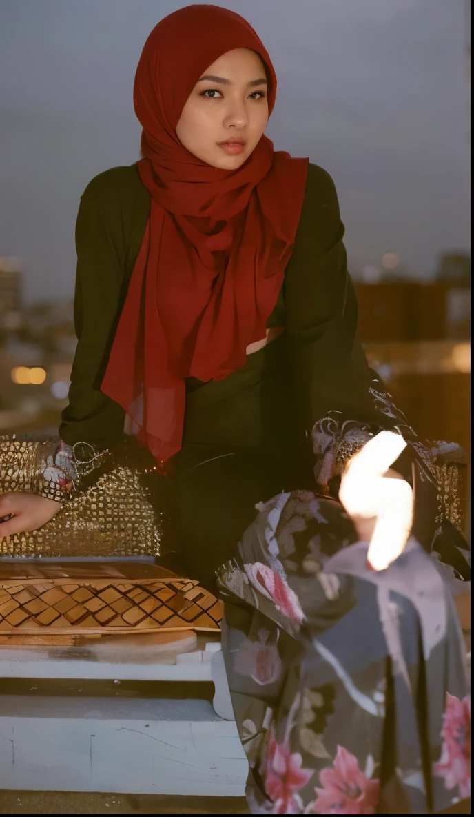 Malay girl sexy seducing pose, wide open mouth, nighttime city, wearing hijab, pastel color hijab, detailed skin, detail skin texture, freckles skin, matured skin, , small breast, flat chest, wide waist, thick thighs bright lighting, big round ass, matured face, slim abs,