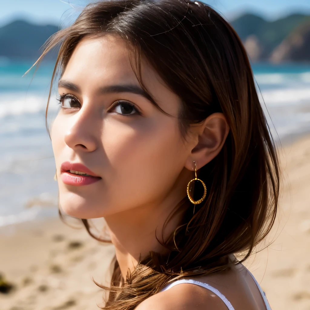 Modelo altamente realista, pechos grandes, rostro detallado, desnuda, en la playa, straight brown hair, facciones finas, boluptuosa, mirando de frente, pezones claros.