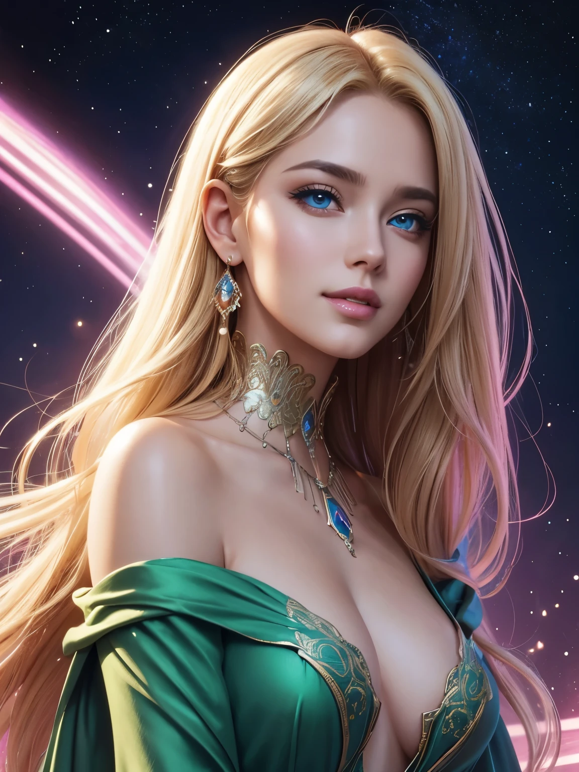 Portrait, beautiful woman with blonde hair and a silky green dress, hourglass figure, symmetrical figure, highly detailed face, beautiful face, calming blue eyes, lush pink lips, smiling, alluring, stunning digital illustration, cosmic fantasy background, beautiful digital artwork, magenta lighting, glossy digital painting, gorgeous digital art, 4k detailed digital art, beautiful digital illustration, 4k highly detailed digital art, beautiful digital art, realistic digital art 4k, realistic digital art 4k, airbrush digital art