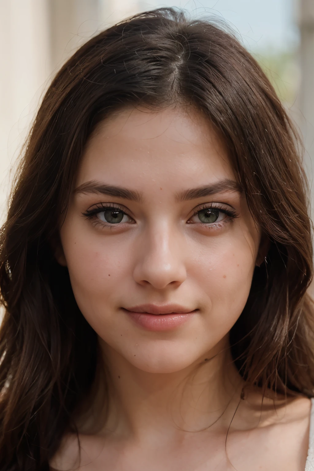"A close-up portrait of a beautiful young woman looking directly at the camera with an alluring yet friendly smile. She has flawless, glowing skin; voluminous, flowing brunette hair; and bright, intelligent green eyes. Her makeup is done beautifully with a natural, sunkissed look that accentuates her best features. The image is shot in a studio with soft, natural lighting against a blurred background. It is a high-resolution photograph captured with a professional DSLR camera showing intricate details. The depth of field creates an artistic, dreamy look. This photograph has the style and visual interest to catch attention and go viral on Instagram."