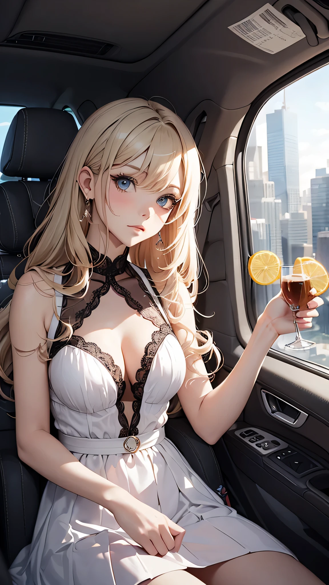 最high quality、best image quality、masterpiece、teenage girl((20-year-old、 By becoming、vest bust、medium bust,wide open breast tea、black eye, blonde hair、long hair、thin,highest valley、white dress、white short skirt,,chest、Makeup、be at the forefront)),high quality、beautiful art、background((sedan、inside the car))debris flies、Depth of written boundary、movie、visual art、perfect art、8K,genuine