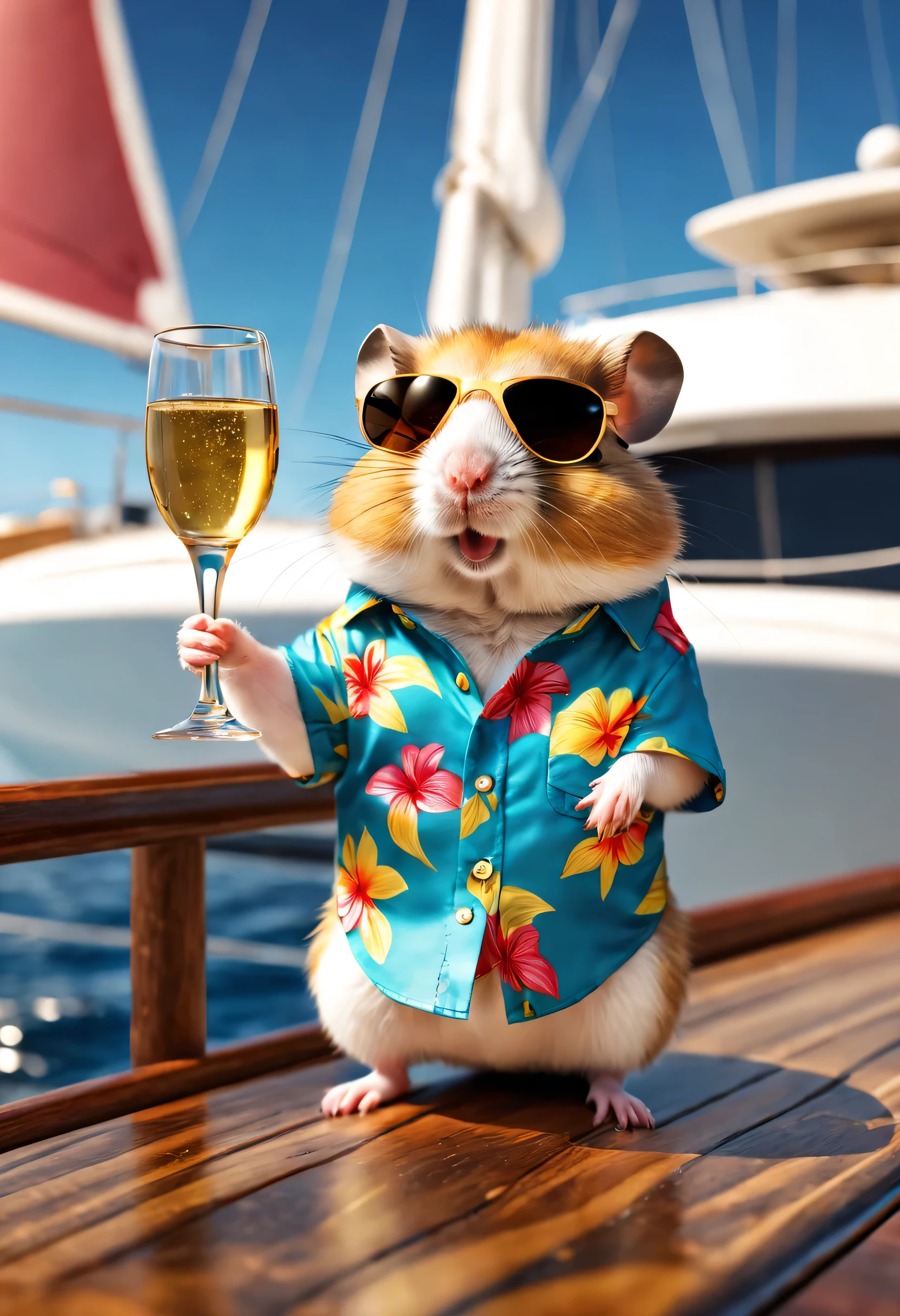 photorealistic cute hamster, wearing colorful Hawaii shirt and expensive golden sunglasses, holding a glass of champain in one paw, standing on a expensive yacht wooden floor out on the ocean. great detail, extra wide angle, HD 8K