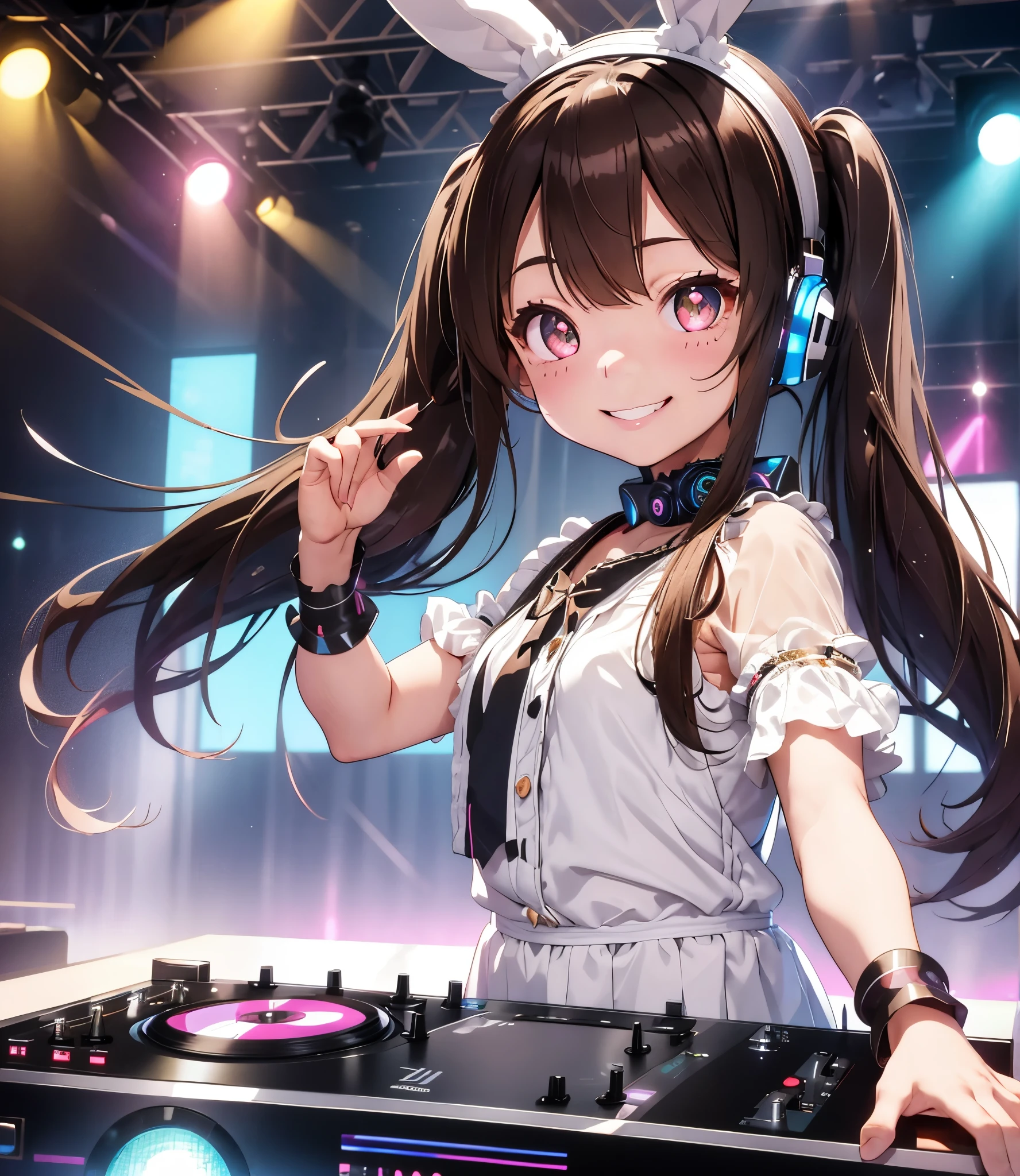 table top、Ultra-high-definition digital art、(D4DJ)、with a girl、brown hair、twin tail hair、cute 、((smile))、lolita fashion、headphones、(DJ Booth)、clear skin、cute eyes、Rabbit ears headband、disco、mirror ball、turntable、Floor audience、Sparkling、perfect hands、intricate details、sharp、live performance