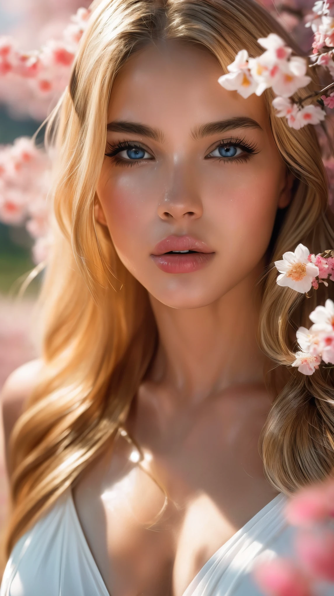 (((ultra realistic))), (artistic realization), (ultra-detailed face and eyes: 1.4), 1 girl, (blonde) , ((naked)) , (very long hair) , Wavy hair, Detailed eyes, (large detailed lips) , makeup, (Natural breasts) . (She&#39;s lying on her back, many sakura flowers around, view from above, close-up, close to the camera), Light atmosphere of the frame, (ultra detailed), ((photorealistic)), 