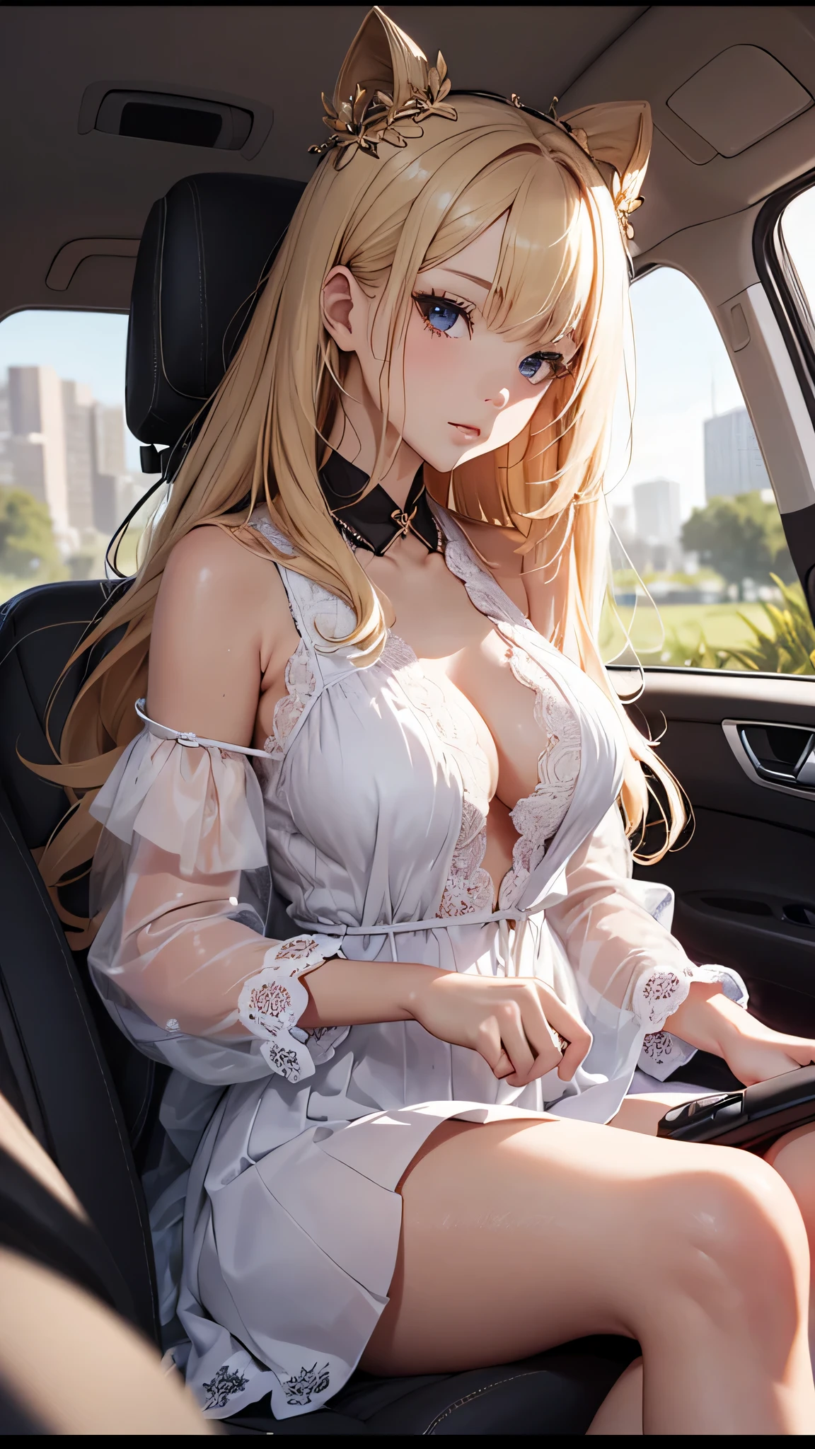 最high quality、best image quality、masterpiece、teenage girl((20-year-old、 By becoming、vest bust、medium bust,wide open breast tea、black eye, blonde hair、long hair、thin,highest valley、white dress、white short skirt,,chest、undressing)),high quality、beautiful art、background((sedan、inside the car))debris flies、Depth of written boundary、movie、visual art、perfect art、8K,genuine