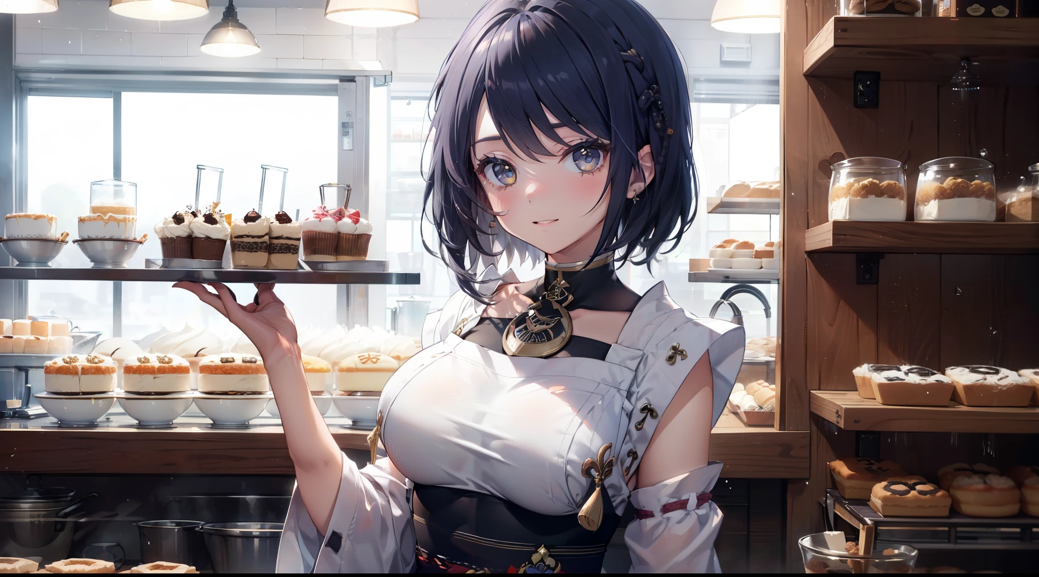 Kujou Sara|Genshin Impact, (best quality,8ก,Masterpiece), Girl with black hair and blue eyes, Wear a bakery uniform, Work in a traditional Japanese bakery to prepare traditional desserts., sparkling eyes, happiness.