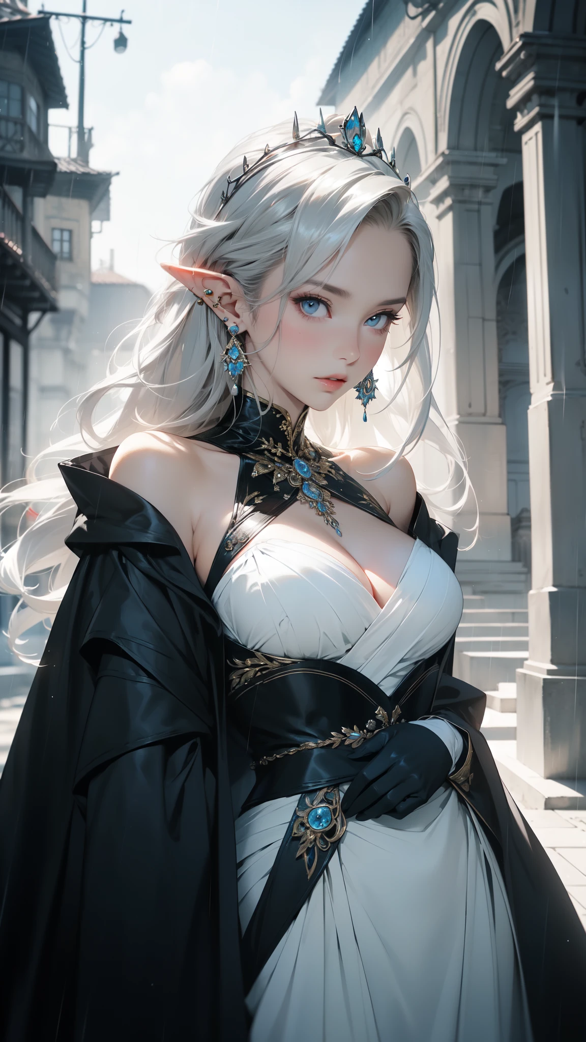 ((8k wallpaper of extremely detailed CG unit, masterpiece, hight resolution, top-quality, top-qualityのリアルテクスチャスキン)), (very beautiful and attractive elf queen), ((elf queen)), (1girl), cute girl, (messy, white shining hair, blue eyes, shining eyes, Plump lips, white-skinned, medium breast), detailed face and eyes, (ear piercing), (detailed queen attire, dress gown), a black cloak on her shoulders, cowboy shot, cinematic dramatic atmosphere, rainy, gloves, bare shoulders, fantasy, by Yoji Shinkawa,