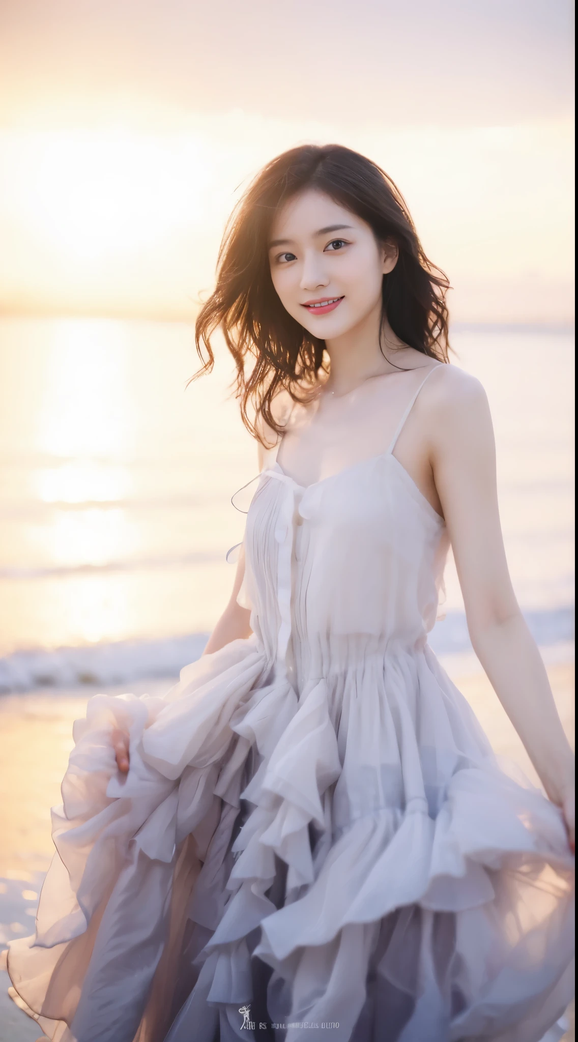 ((​Masterpiece, Top image quality, high resolution、alone、shiny skin))(on the table, best quality, actual, super detailed, meticulous, high resolution, 8k wallpaper), Close-up portrait of a beautiful woman, Chariada, smiling, light brown messy hair, Perfect dynamic composition, 美丽meticulous的眼睛, Just like the cover of a fashion magazine, on campus，Wear gold-rimmed glasses
