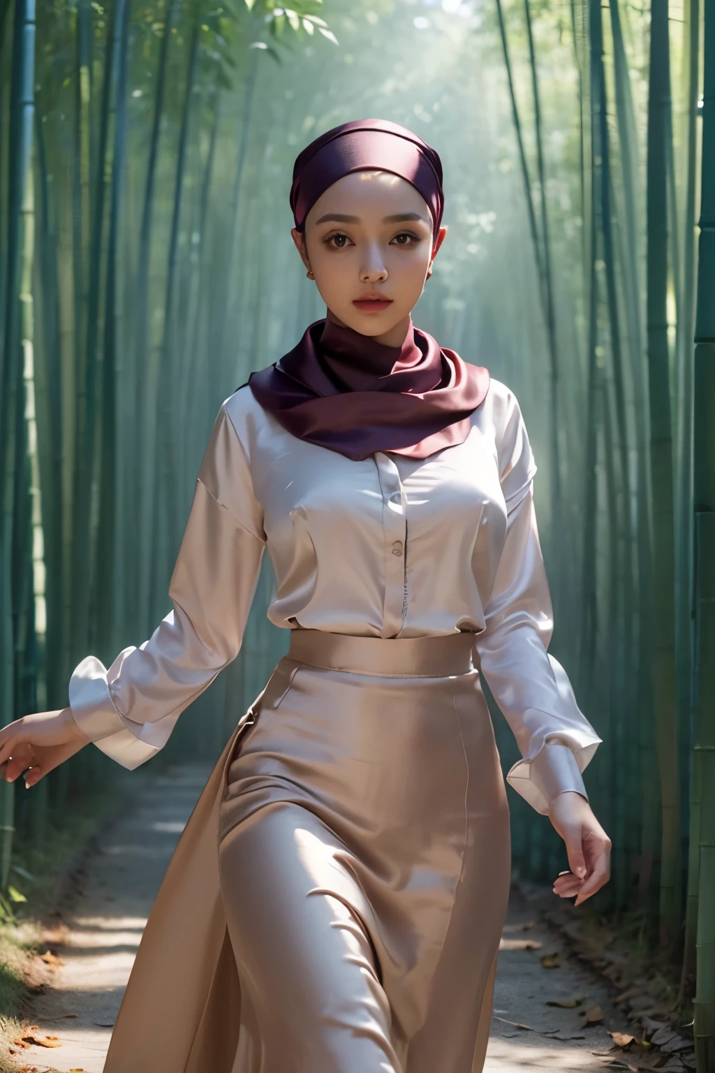 3DMM, ((Masterpiece, best quality, photography, detailed skin, realistic, photo-realistic, 8k, highly detailed, full length frame, High detail RAW color art, diffused soft lighting, shallow depth of field, sharp focus, hyperrealism, cinematic lighting, hijab, a woman in a beautifully makeup, smokey eyeshadow, beautiful big eyes, long eye lashes, wearing (( nude satin headscarf ), loosely tide hijab style), ((satin shirt), satin long maxi skirt), walking in the middle of bamboo forest, Fallen leaves,Tsing Yi,Pick the lights