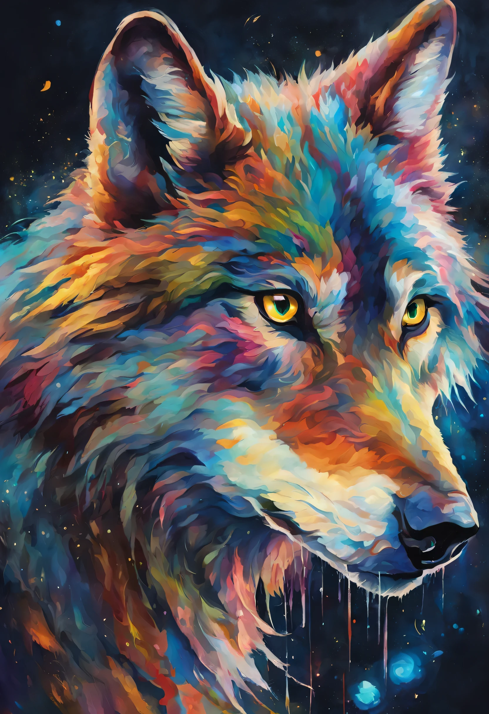 A painting of a colorful wolf, futuristic art style, breathtaking rendering, dans une connexion rayonnante, inspired by Kinuko Y. Trade,, Magical elements, Kitten icon, pleurage, est magnifique, lancer un sort multicolore, Flash lumineux, Flash, sans signature
