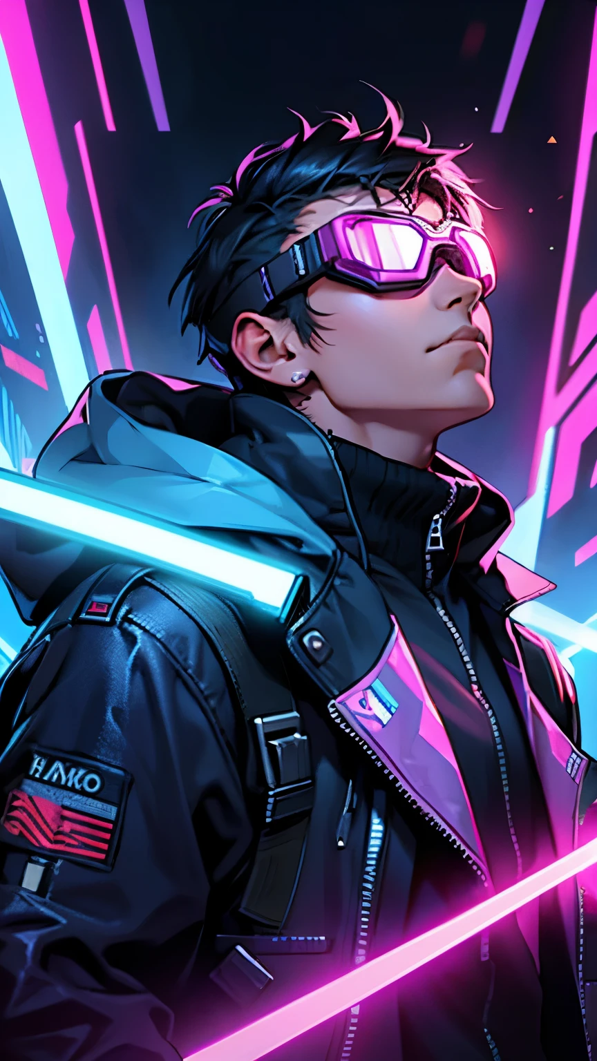 cyber punk,musicians,short haired man,wide angle lens,expressive,Looking up,laser hologram,Jacket with hood,goggles