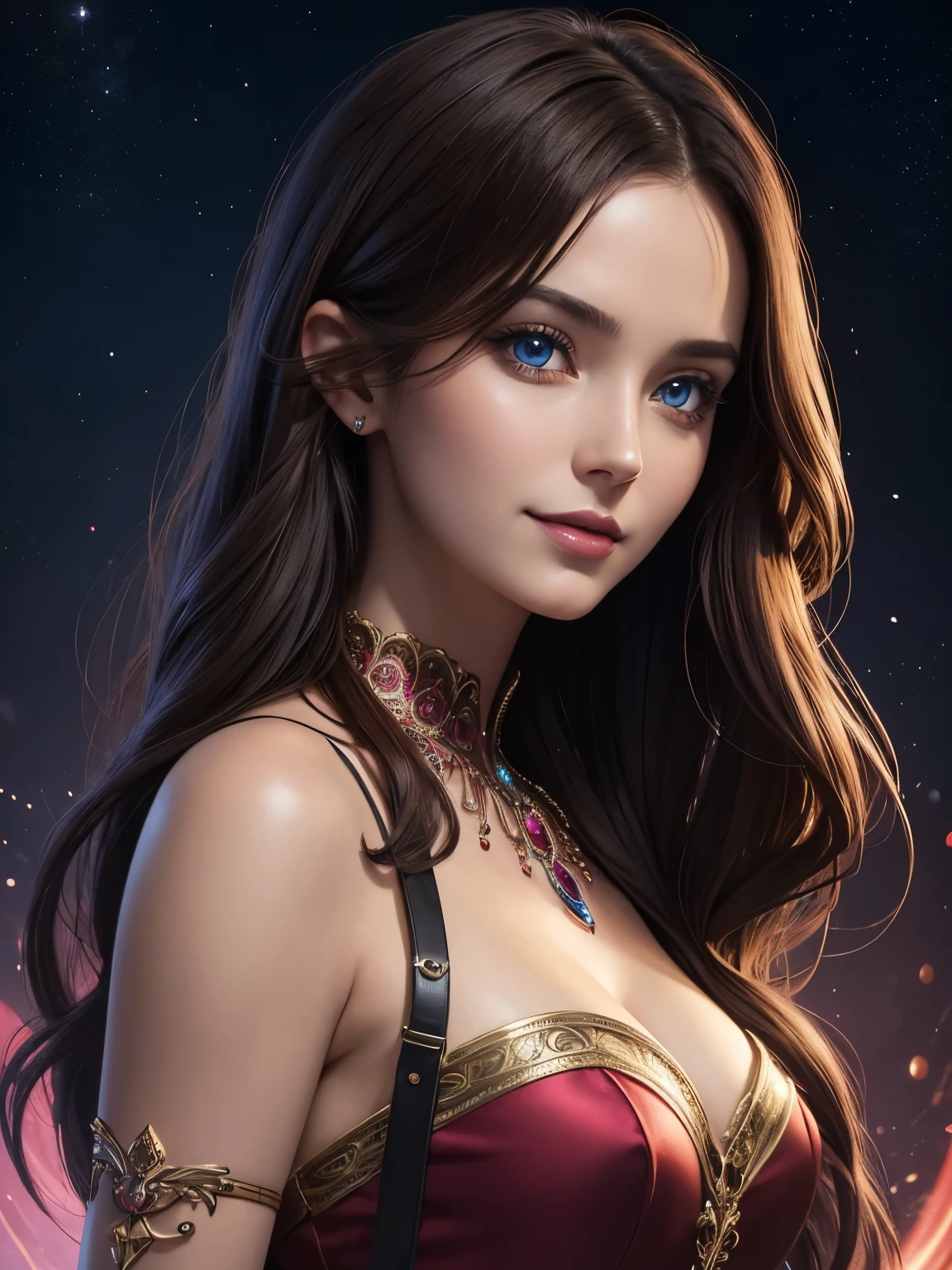 Portrait, beautiful woman with brown hair and a silky red dress, hourglass figure, symmetrical figure, highly detailed face, beautiful face, calming blue eyes, lush pink lips, smiling, alluring, stunning digital illustration, cosmic fantasy background, beautiful digital artwork, magenta lighting, glossy digital painting, gorgeous digital art, 4k detailed digital art, beautiful digital illustration, 4k highly detailed digital art, beautiful digital art, realistic digital art 4k, realistic digital art 4k, airbrush digital art