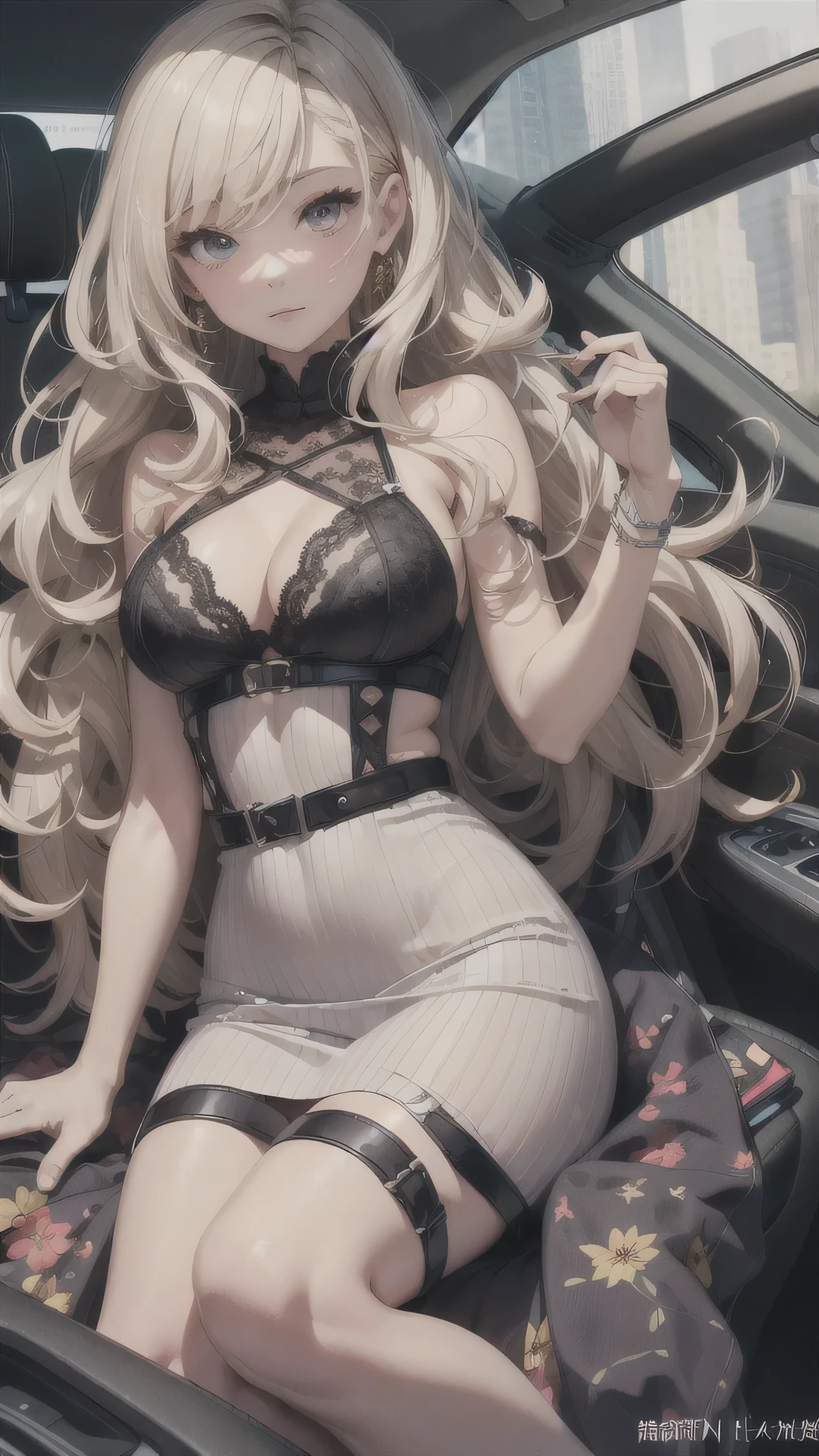 最high quality、best image quality、masterpiece、age girl((20-year-old、 By becoming、vest bust、medium bust,wide open breast tea、black eye, blonde hair、long hair、thin,highest valley、white dress、white short skirt,,chest、Undressing Pose)),high quality、beautiful art、background((sedan、inside the car))debris flies、Depth of written boundary、movie、visual art、perfect art、8K,genuine