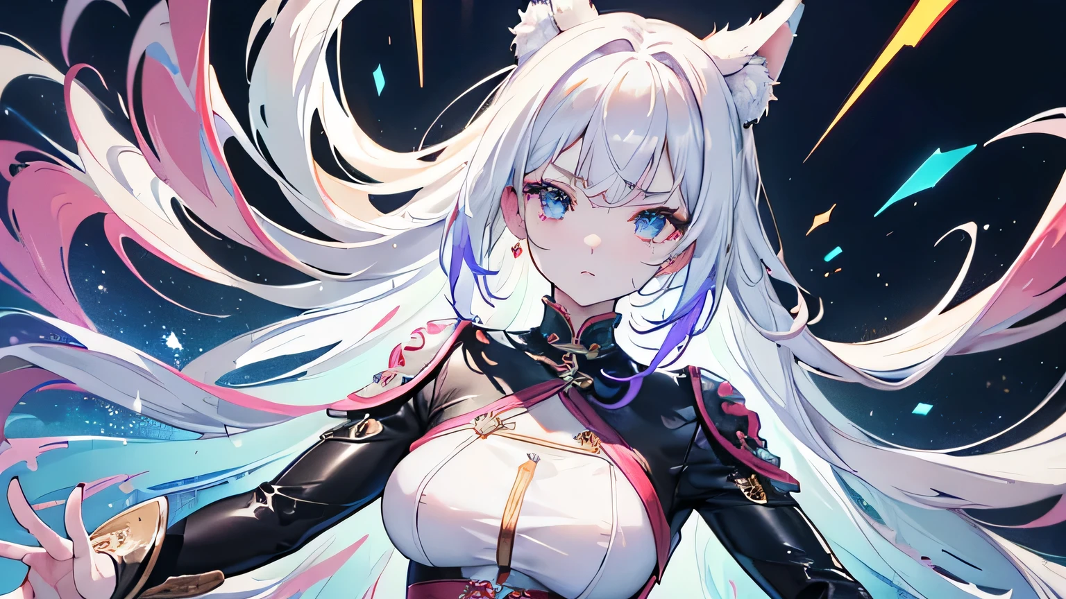 (masterpiece, top quality, best quality, official art, beautiful and aesthetic:1.2), (1girl:1.3, tight crop top leather suit), ((shy and looking at viewert)), (Perfect thick white eyebrows) Delicate fur, 详细s face, extremely detailed,(fractal art:1.2),colorful, highest detailed,(zentangle:1.2), (dynamic pose), (abstract background:1.5), (treditional dress:1.2), (shiny skin), (many colors:1.4), upper body